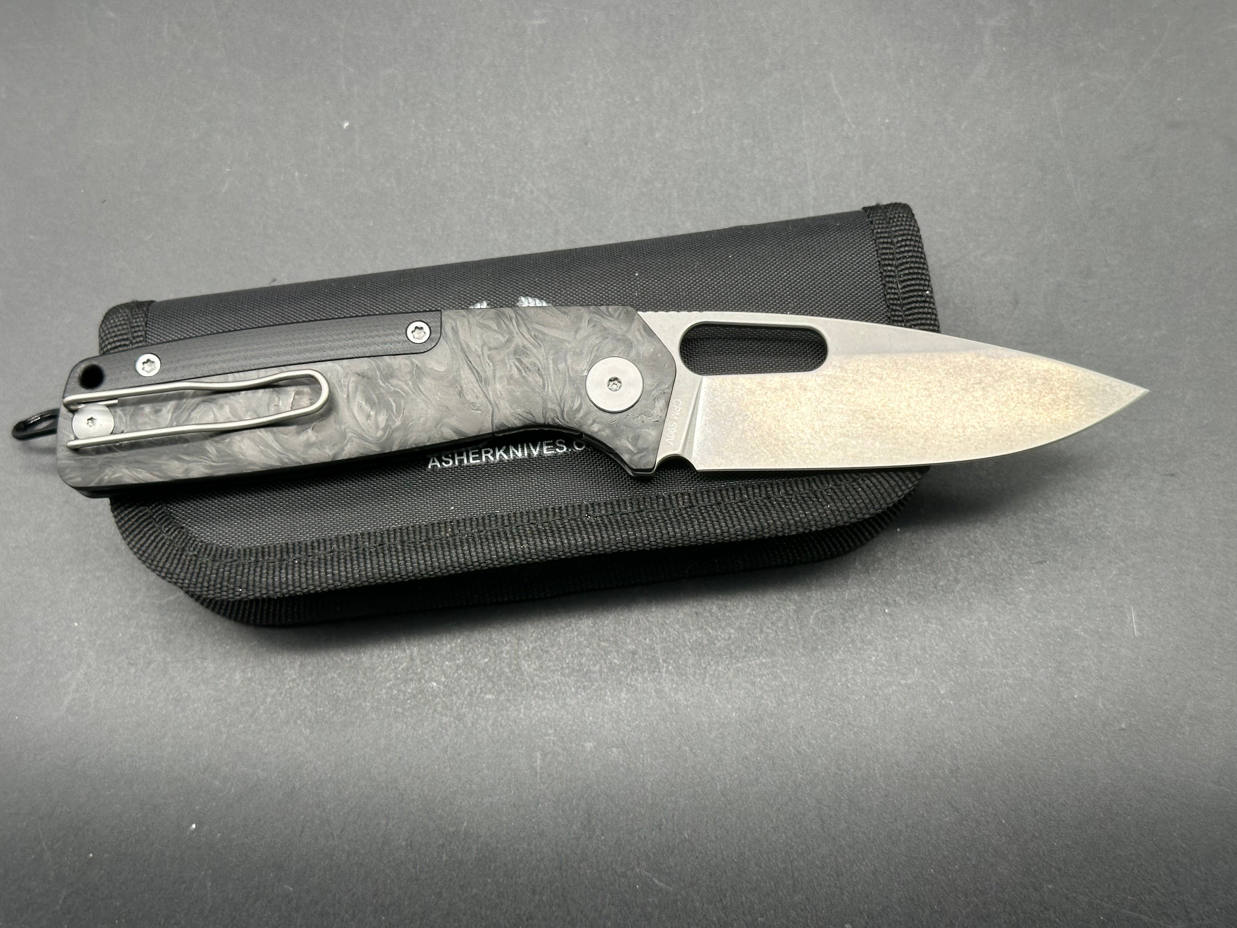 Premium Asher Spiro BS 3.2 Folding Knife - S90V Stonewash Blade with Carbon Fiber & Black G10 Handle - EDC, Outdoor Survival, Camping & Tactical Gear