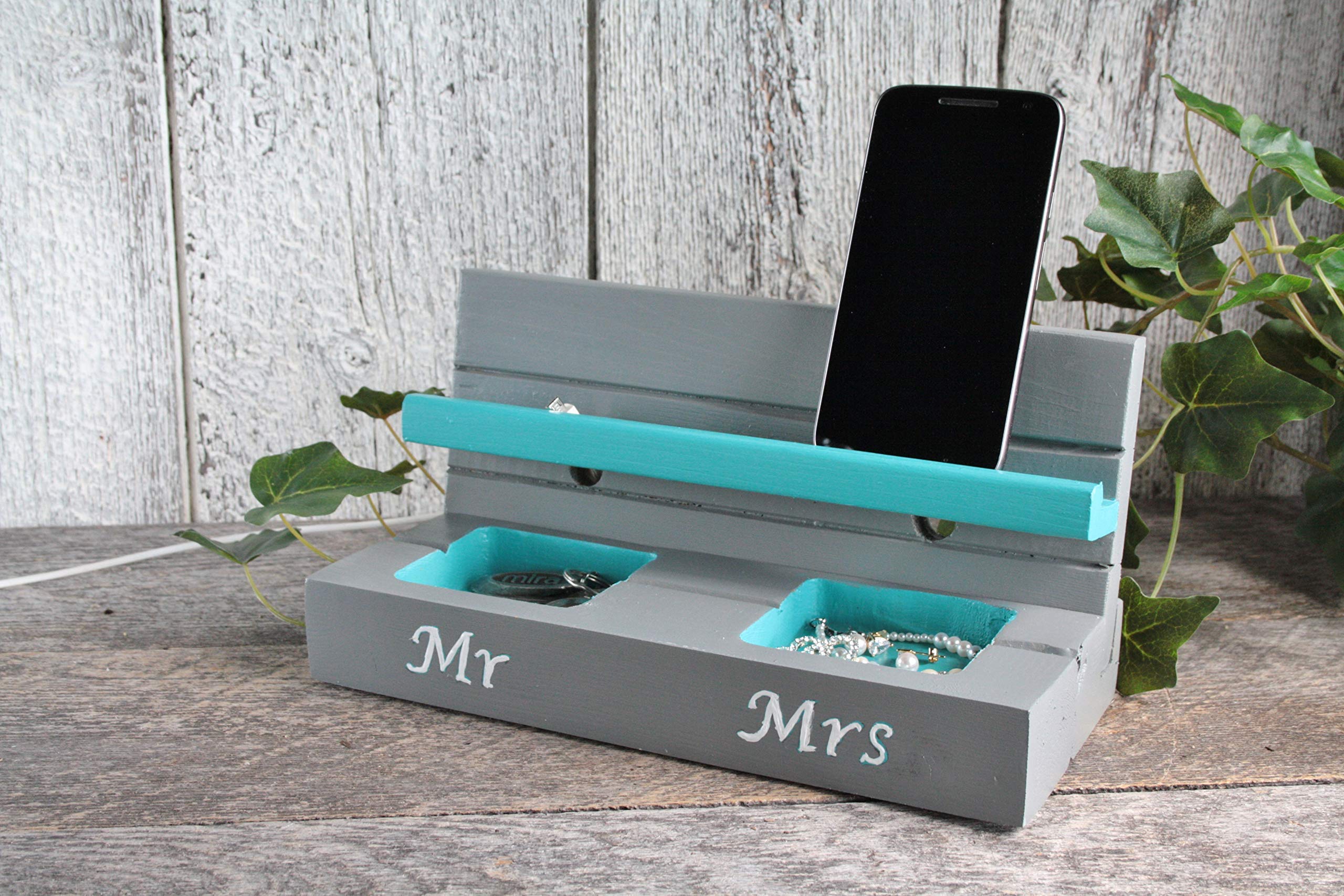 Handmade Gray & Turquoise Cell Phone Stand & Charging Station - Holds & Charges 2 Phones - Nightstand Organizer - Perfect Gift for Couples (Mr & Mrs) - Ideal for Bedroom, Office & Travel Accessories