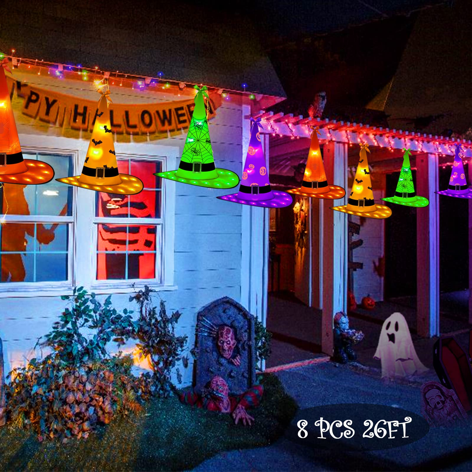JXLEDAYY 8pcs 26ft LED Halloween Witch Hat String Lights - 8 Lighting Modes, Waterproof, Timer Function for Outdoor & Indoor Decor - Perfect for Eaves, Yard, Porch, Trees & Halloween Party Decorations