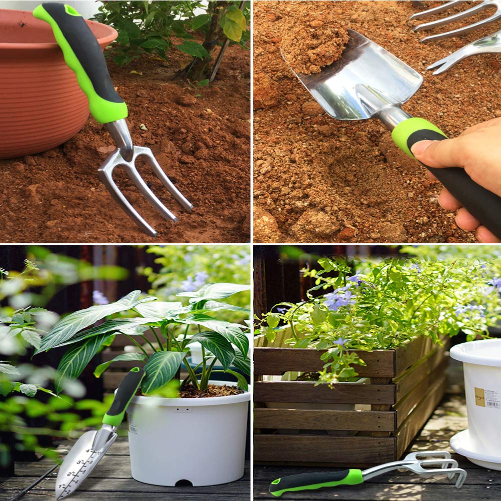 Heavy Duty 5-Piece Aluminum Garden Tool Set with Non-Slip Ergonomic Handles - Lxcom Outdoor Gardening Kit for Planting, Weeding & Landscaping - Perfect Gift for Home Gardeners (Green)
