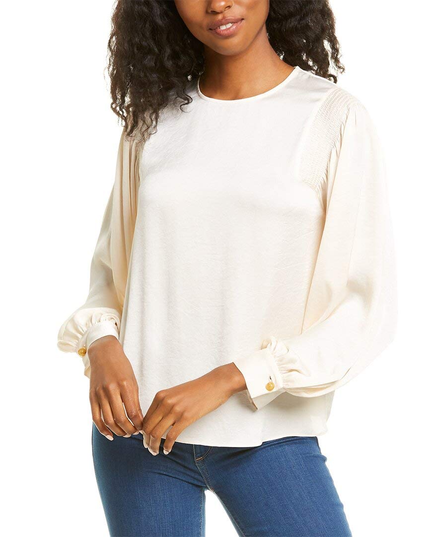 Vince Women's Smocked Long Sleeve Blouse - Elegant Floral Print Top for Work, Date Night & Special Occasions | Comfortable Stretch Fabric for All-Day Wear