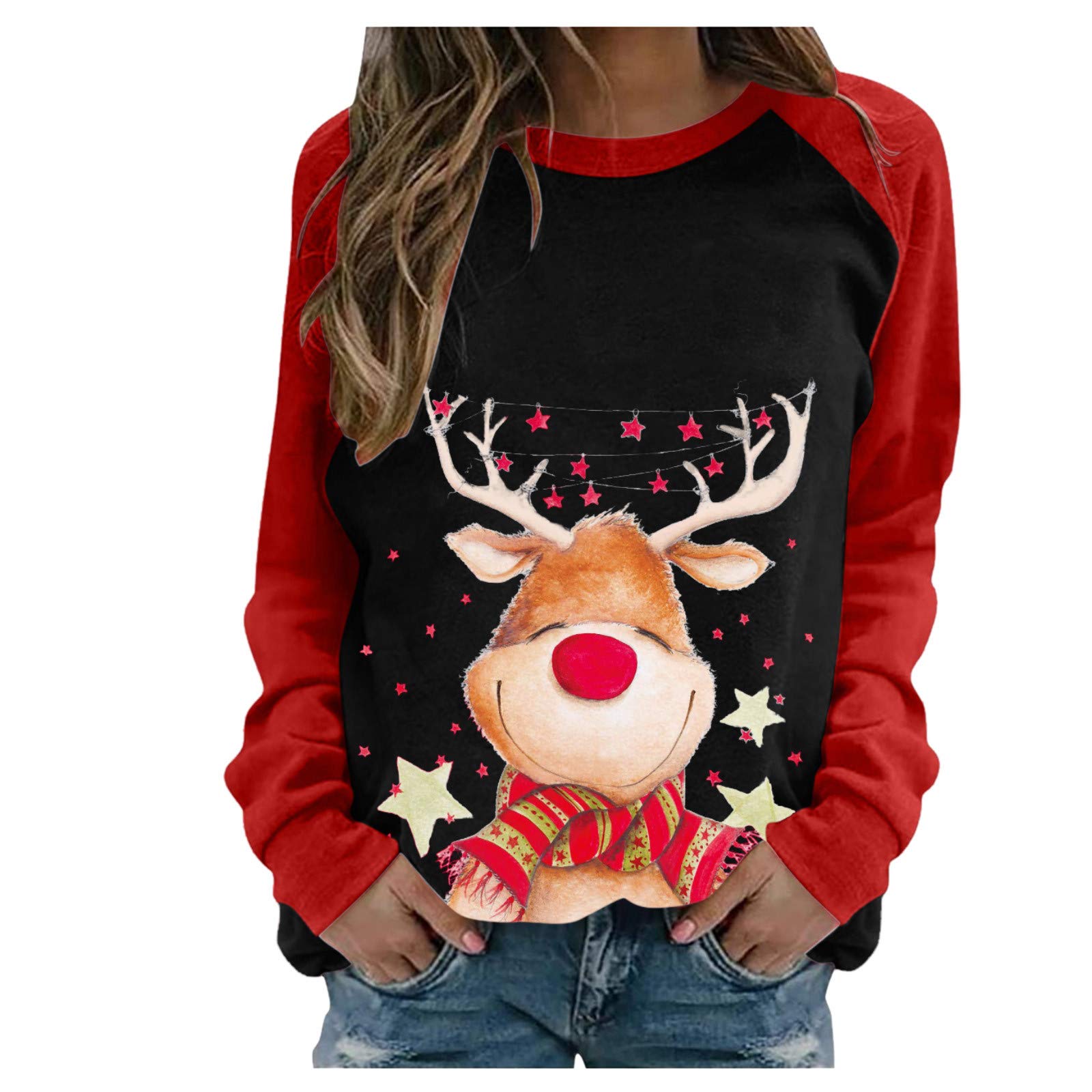 Women's Cotton Workout T-Shirts with Raglan Sleeves & Christmas Print - Casual Long Sleeve Blouse for Gym, Yoga, Running & Holiday Parties