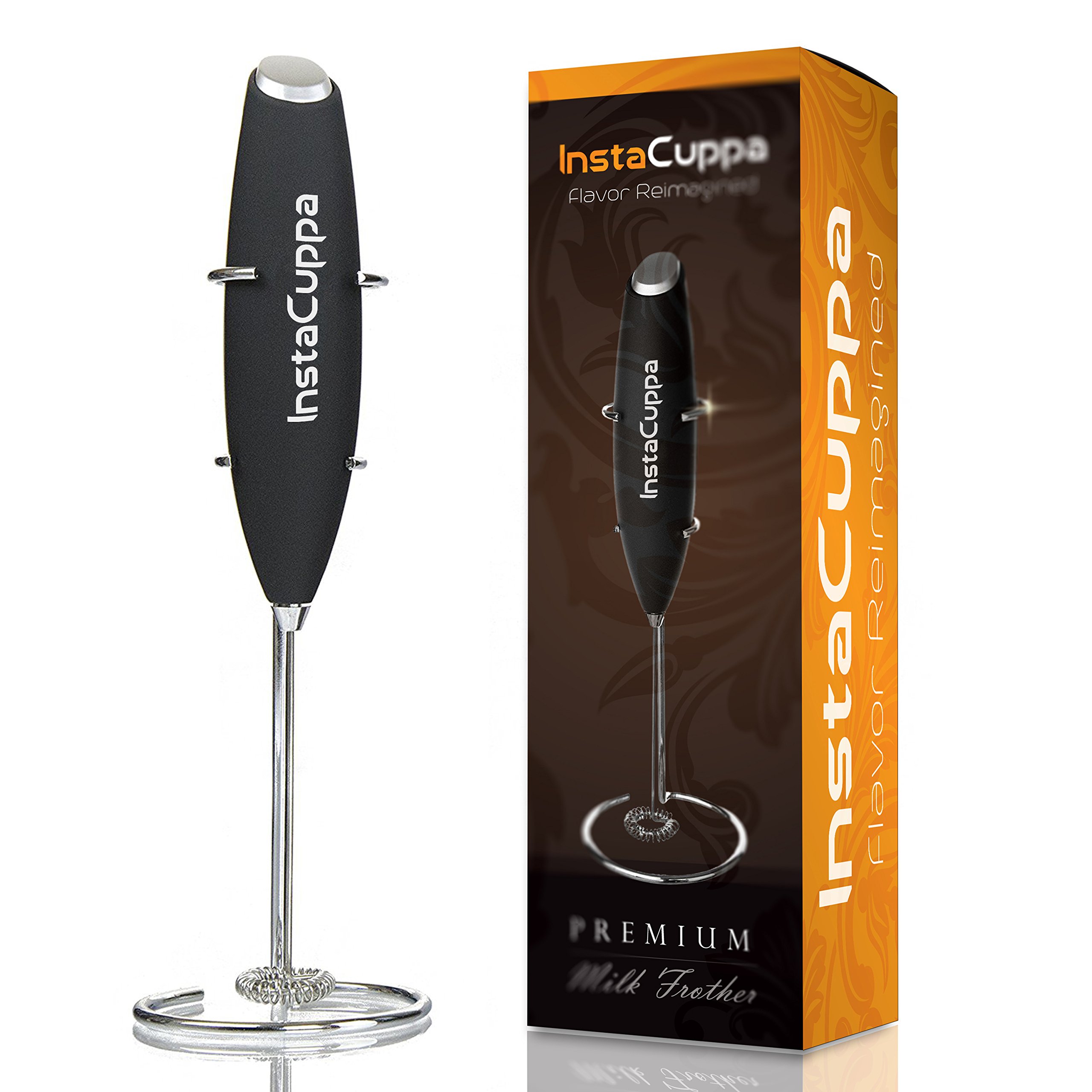 InstaCuppa Electric Milk Frother - Handheld Battery-Operated Coffee Foam Maker for Cappuccino, Latte & Hot Chocolate | Portable Milk Whisk with Stainless Steel Whisk & Stand | Perfect for Home, Office & Travel Use