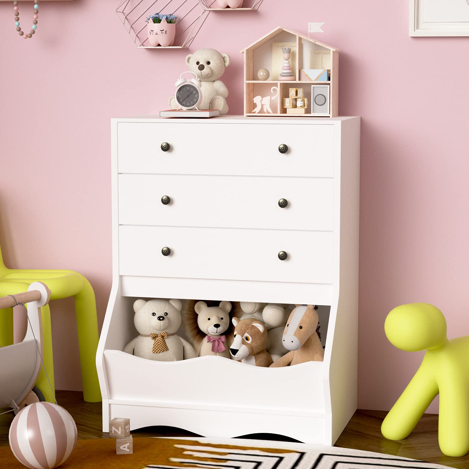 White 3-Drawer Dresser & Chest - Kids Wooden Toy Organizer for Bedroom, Tall Storage Dresser with Cubby for Girls and Boys - Perfect for Nursery, Playroom, and Kids' Bedroom Organization