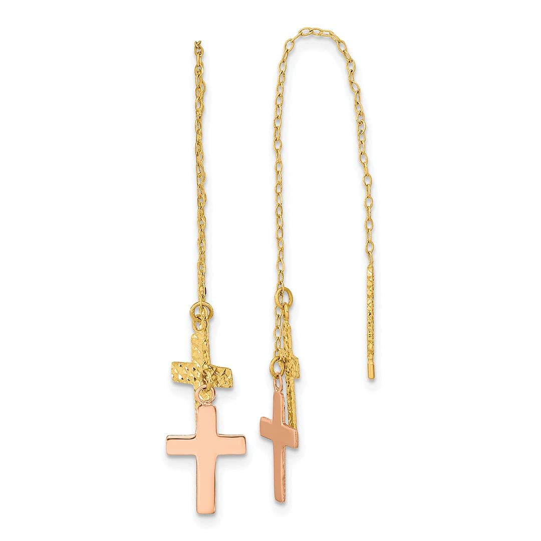 14K Yellow & Rose Gold Plated Polished Cross Threader Earrings for Women - Dainty & Elegant Jewelry for Everyday Wear, Church, Parties & Special Occasions