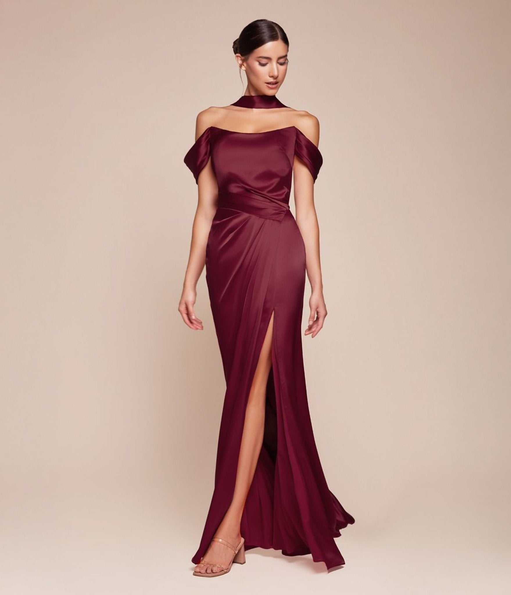 Ladivine by Cinderella Burgundy Off Shoulder Lace-Up Corset Satin Prom Dress - Elegant Evening Gown for Homecoming, Wedding, and Special Occasions