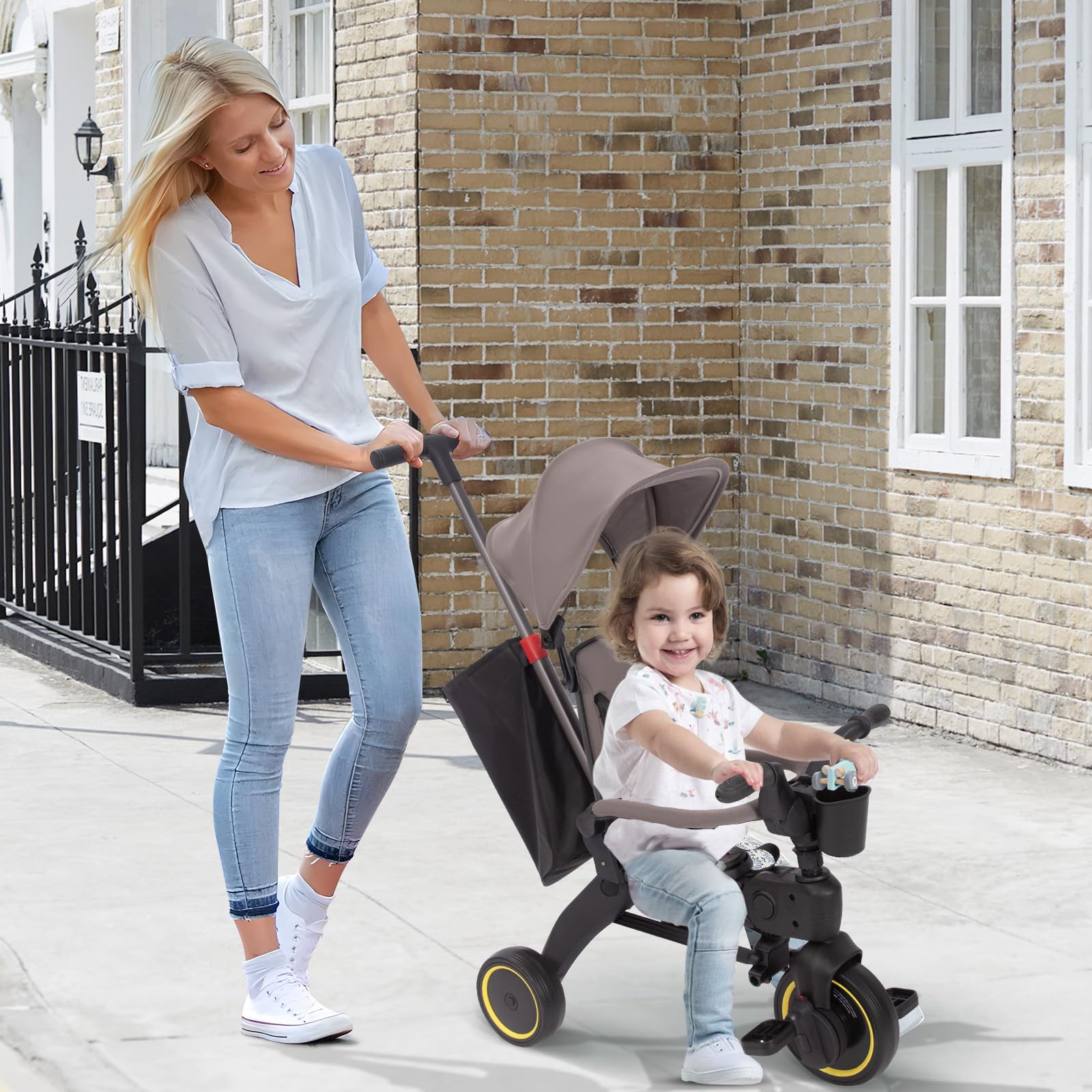 5-in-1 Foldable Baby Tricycle with Removable Push Handle & Safety Harness - Adjustable Rotating Seat, Canopy & Storage Bag - Compact Toddler Bike for 1-3 Year Olds (Gray) - Perfect for Park Rides, Outdoor Play & Learning to Pedal