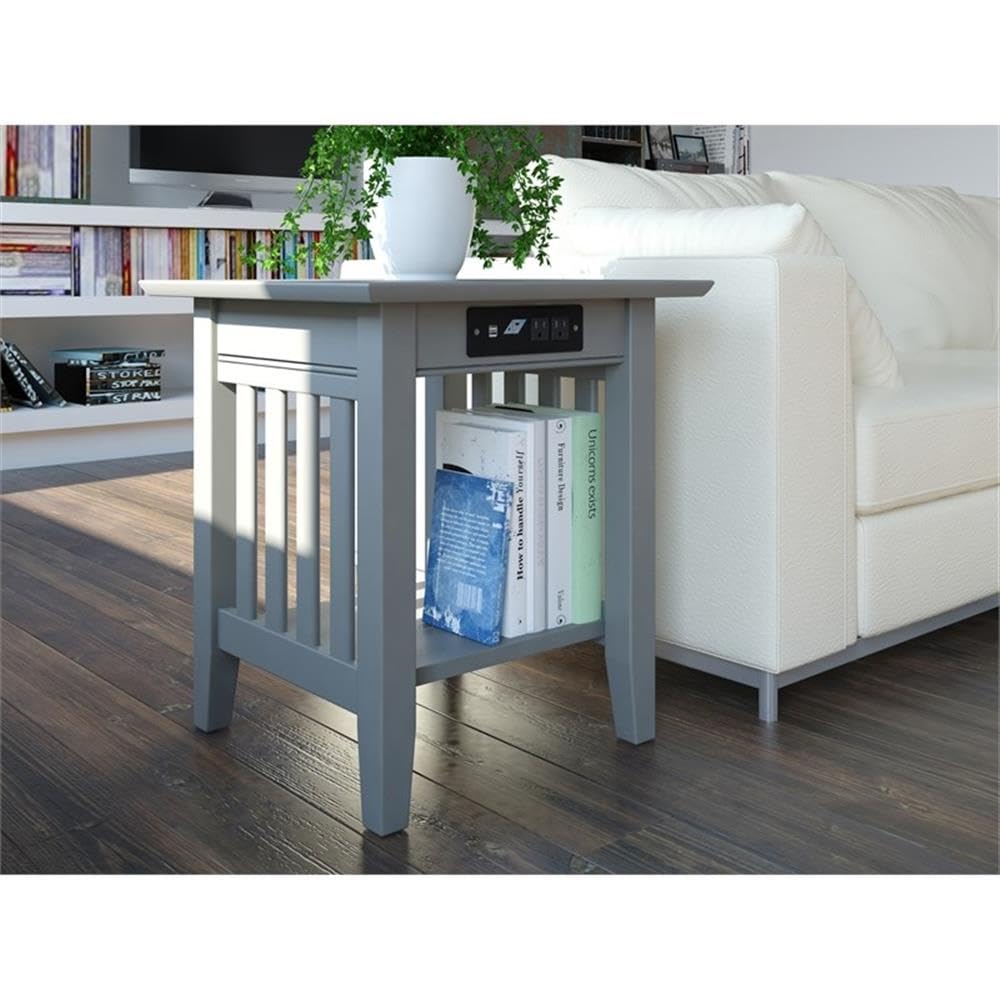 AFI Mission Solid Hardwood End Table with USB Charger - Set of 2, 20 Inch, Grey - Perfect for Living Room, Bedroom, or Office Side Table with Convenient Charging Station