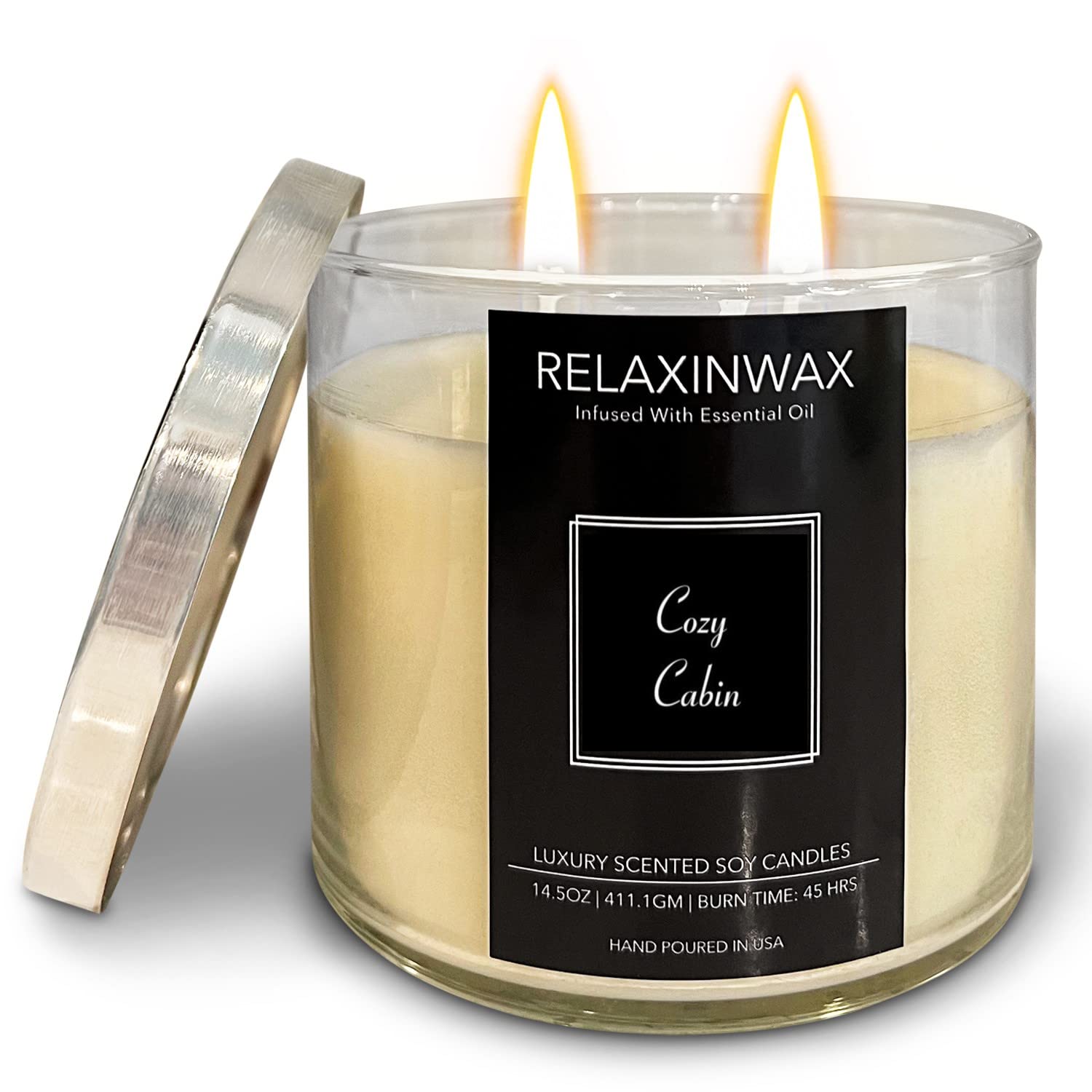 Relaxinwax 3-Wick Scented Soy Candle with Essential Oils - 14.5 oz Cozy Cabin Luxury Candle - Highly Fragrant for Home, Spa & Relaxation - Perfect for Aromatherapy, Meditation and Romantic Ambiance