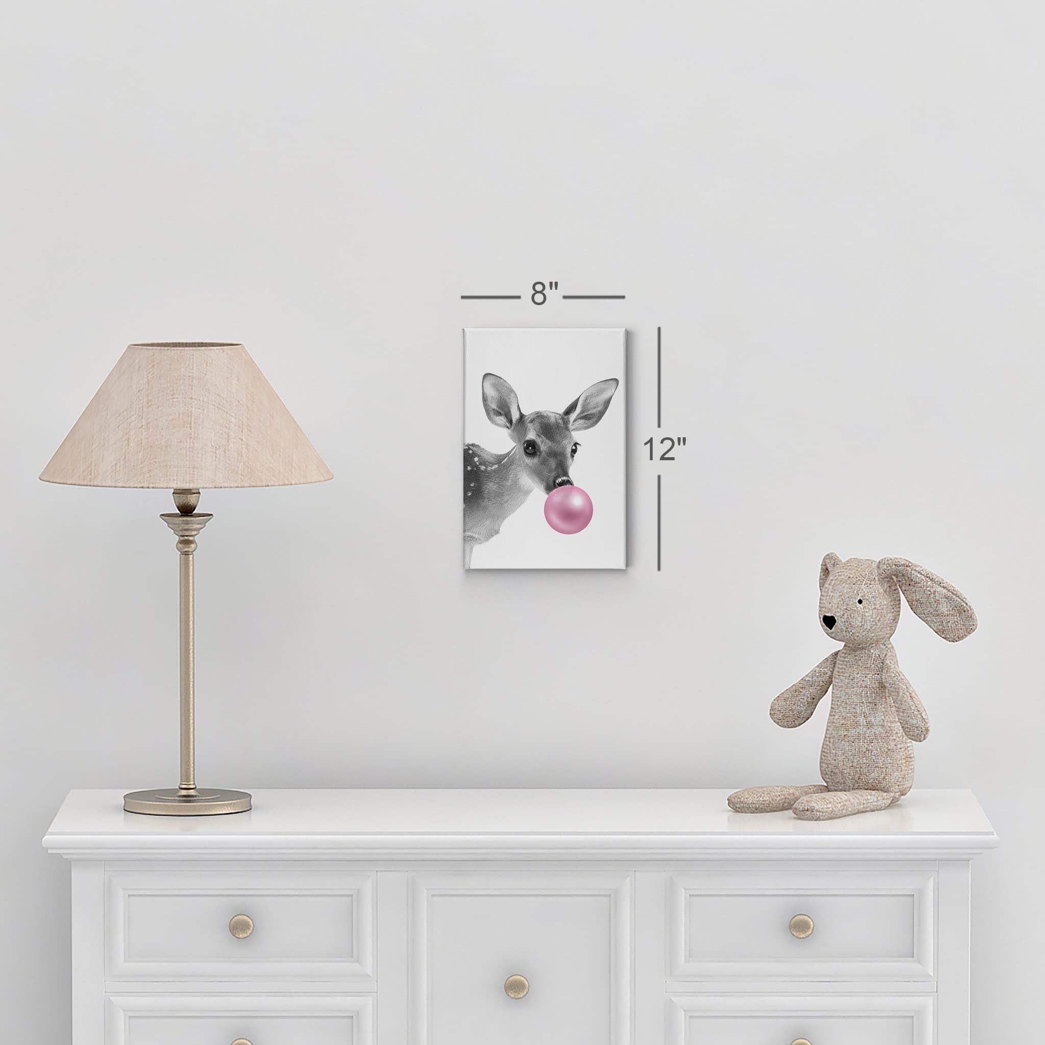 Smile Art Design Baby Deer Animal Decor Bubble Gum Pink Canvas Print - Black and White Wall Art for Nursery, Kids Room Decor - Stretched & Ready to Hang (40x30 inches) - Perfect for Baby Showers, Birthday Gifts & Home Decoration - Made in USA