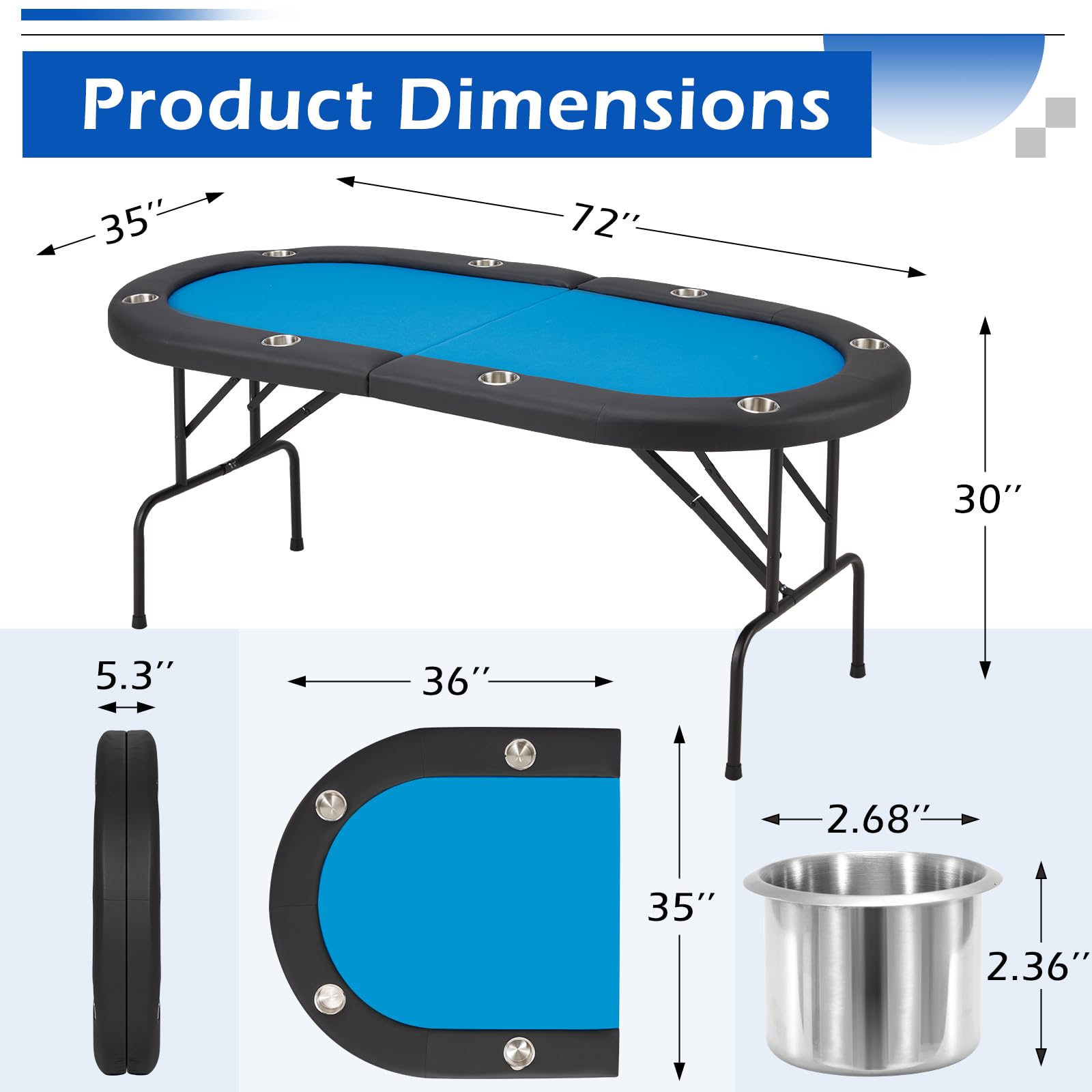 ECOTOUGE 8-Player Foldable Poker Table with Stainless Steel Cup Holders & Carrying Bag - Portable Texas Holdem Blackjack Casino Game Table (Blue, Pre-Assembled) - Perfect for Home Game Nights, Poker Parties & Casino-Themed Events