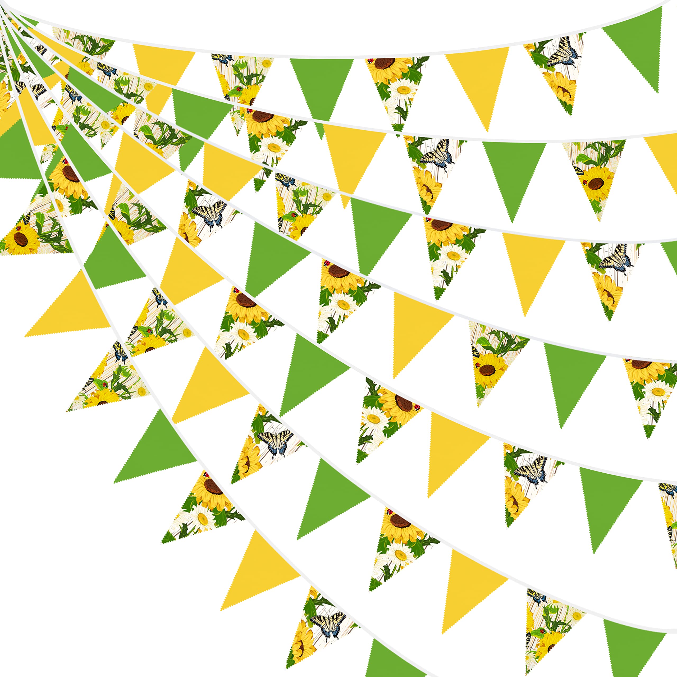 32Ft Yellow Green Pennant Banner - Sunflower Butterfly Triangle Flag Bunting Garland for Spring Summer Party Decorations | Perfect for Birthday, Wedding, Baby Shower, Tea Party & Outdoor Garden Hanging Decor | Durable Fabric for Indoor/Outdoor Use
