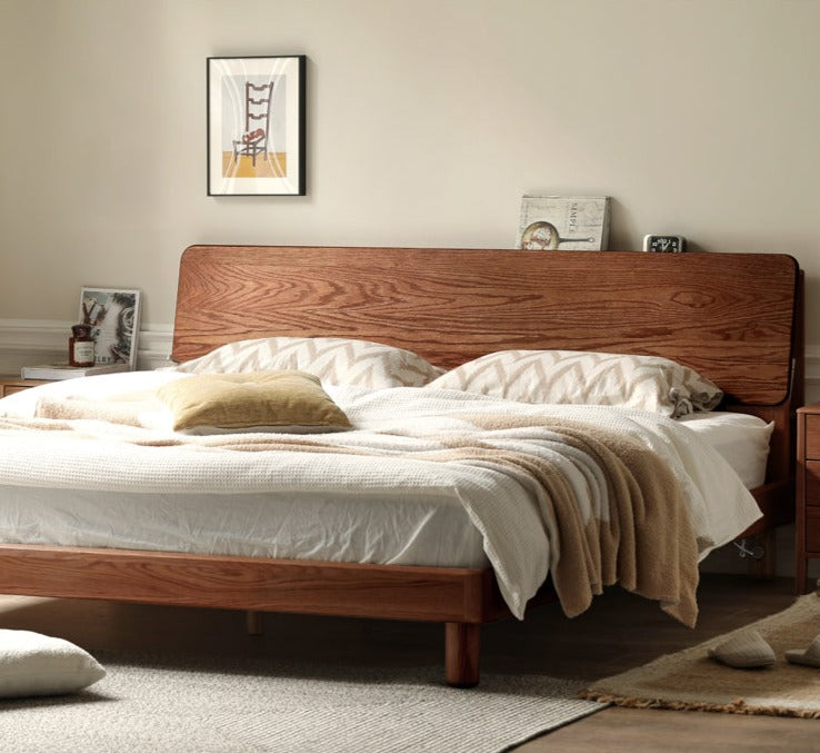 Solid Oak Wood Platform Bed with Bookshelf Headboard - Modern Bedroom Furniture for Small Spaces & Cozy Reading Nook