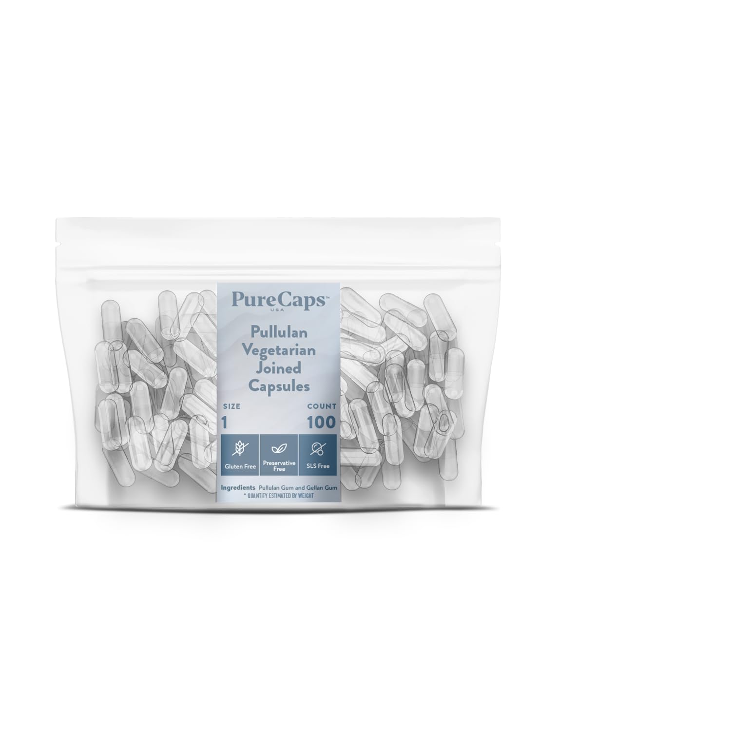 PureCaps USA - Size 1 Empty Vegetarian Pullulan Capsules | 100 Clear Vegan Pills | Non-GMO, SLS, Gluten & Preservative Free | Perfect for DIY Supplements, Herbal Remedies & Essential Oil Blends