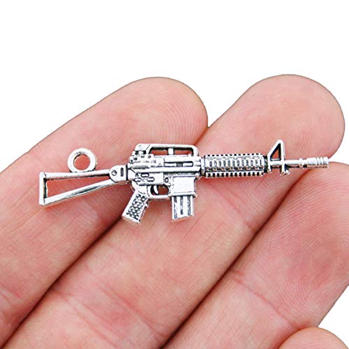 Vintage Silver Tone Machine Gun Charms - 6-Piece Set with Double-Sided Design SC5096 | Perfect for Jewelry Making, DIY Crafts, and Military-Themed Accessories