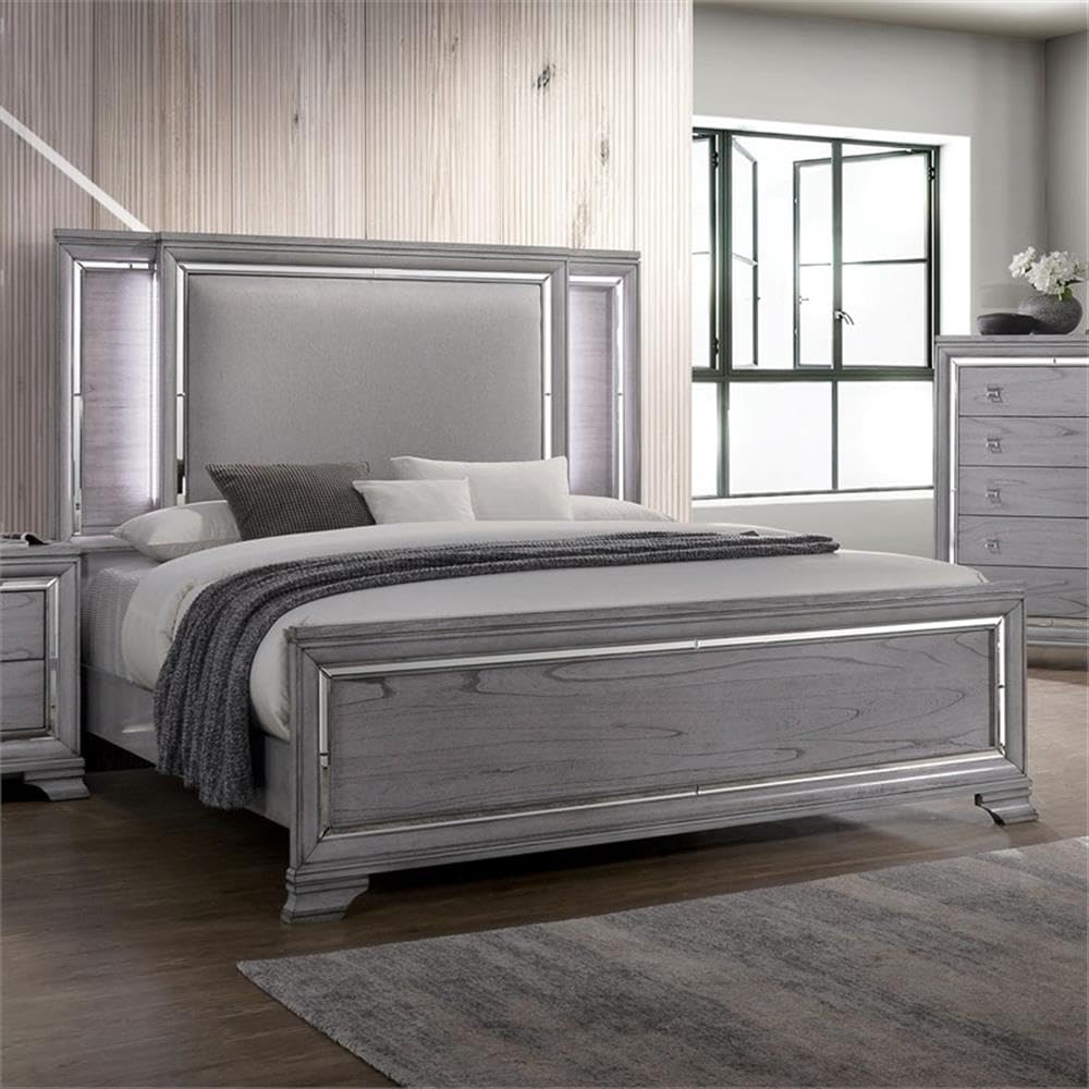 Furniture of America Hariston Wood Queen Bed Frame with Built-in LED Lights - Light Gray Finish for Modern Bedroom Decor | Perfect for Master Bedrooms, Guest Rooms & Contemporary Home Styling