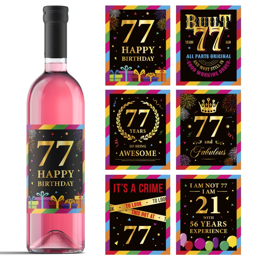 77th Birthday Wine Bottle Labels - Personalized 77 Years Old Birthday Party Decorations - Set of 6 Wine Stickers for Anniversary Gifts & Celebration Supplies - Perfect for Wine Lovers, Milestone Birthdays & Special Occasions