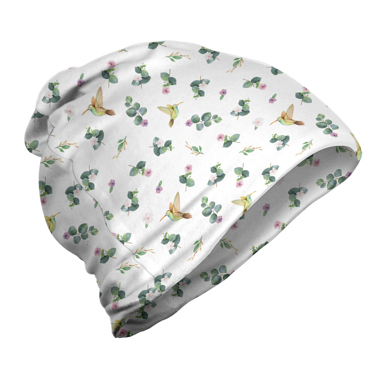Ambesonne Unisex Beanie - Floral Plants Birds Print, Warm Knitted Winter Hat for Men & Women, Perfect for Hiking, Camping, Outdoor Activities in Cold Weather