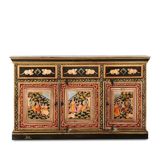 Hand Painted Mango Wood Sideboard - Multi-Color Rustic Buffet Cabinet for Dining Room, Living Room & Entryway Storage