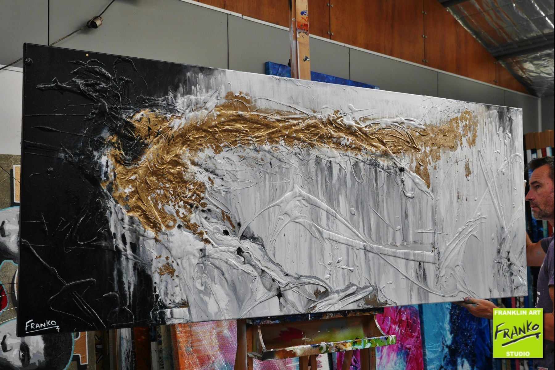 Golden Marble Grey Gold Black Abstract Textured Painting 200cm x 80cm - Modern Wall Art for Living Room, Bedroom & Office Decor