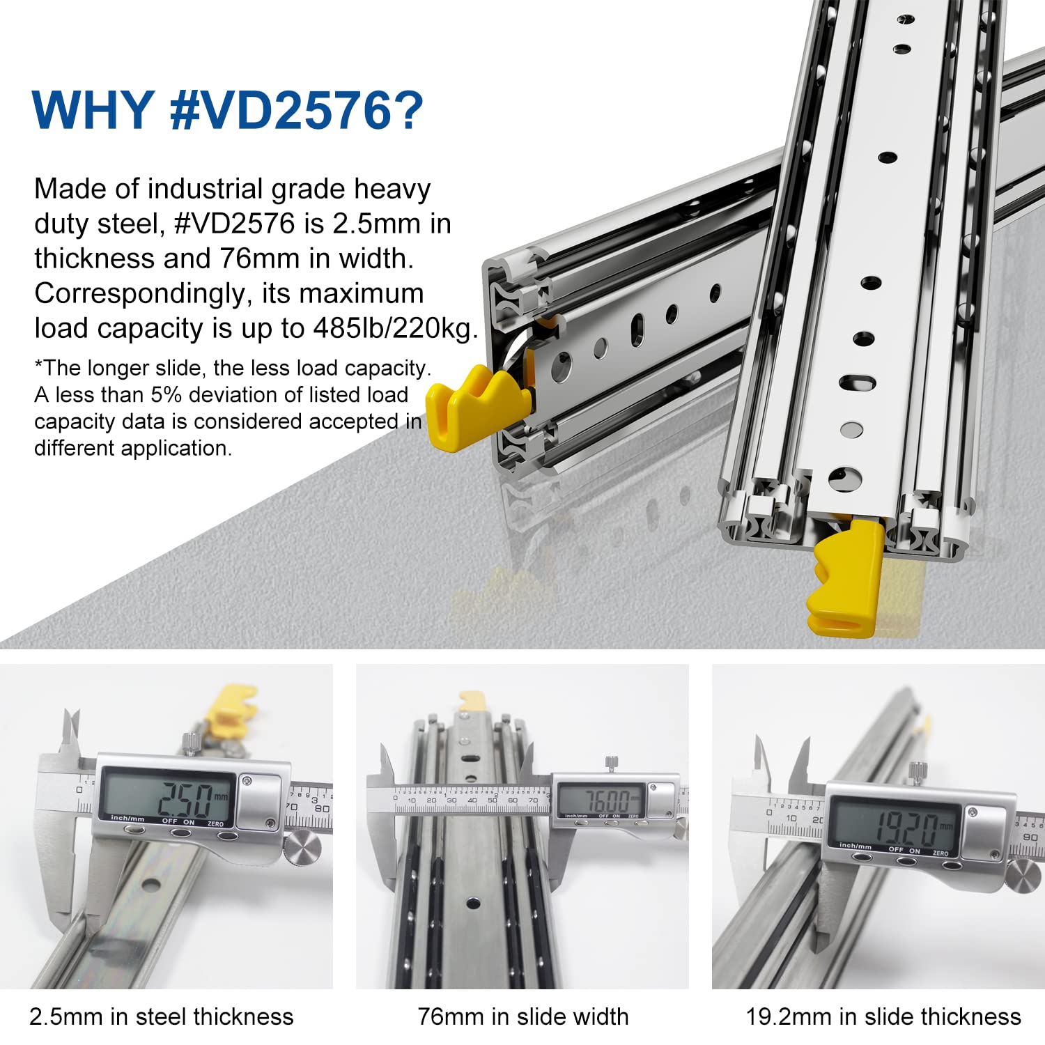 VADANIA 36 Inch Heavy Duty Drawer Slides with Lock - 396lb Load Capacity Ball Bearing Full Extension Side Mount Slides for Tool Chests, Workbenches & Garage Storage (1 Pair, Model VD2576) - Perfect for Workshop Organization & Industrial Cabinets