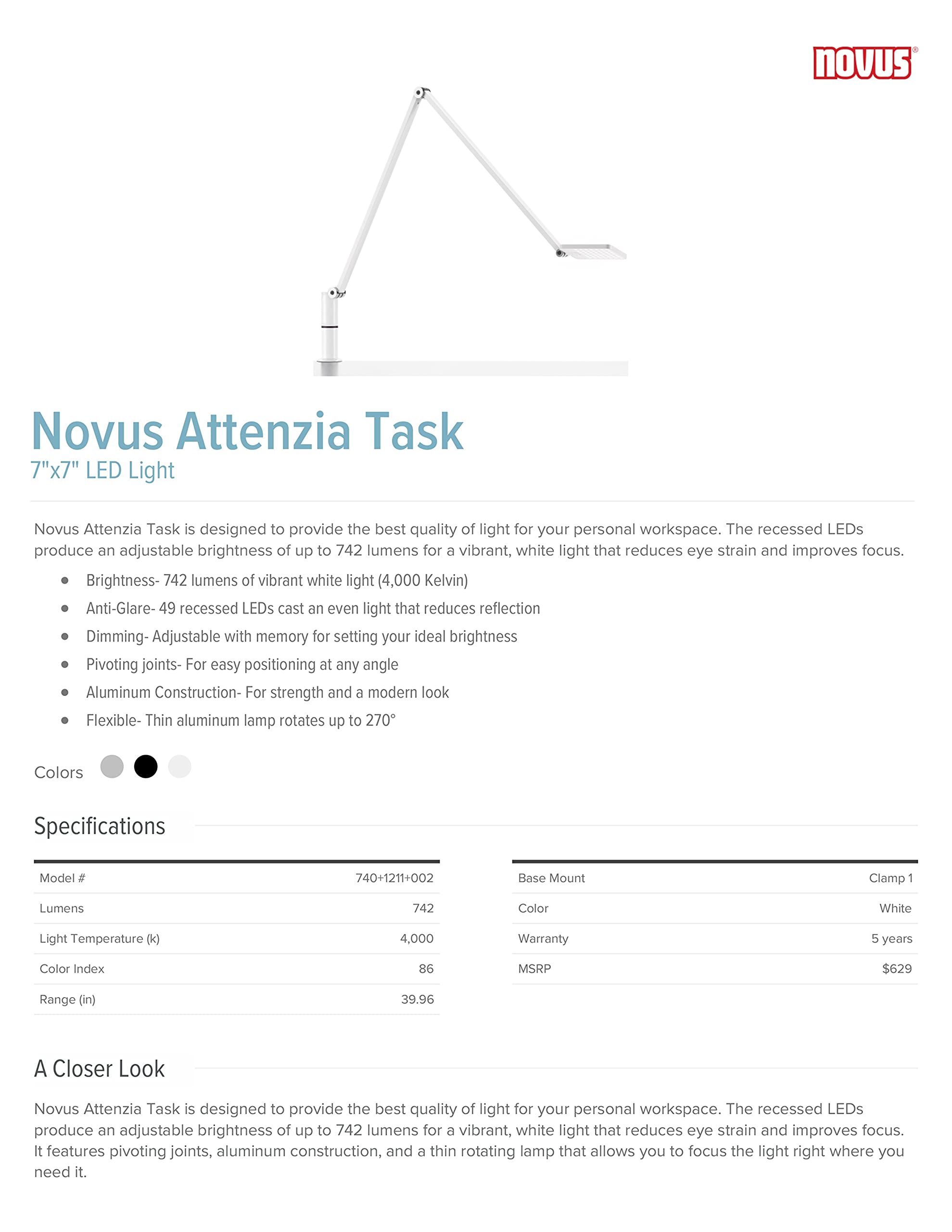 Novus Attenzia LED Task Light with One-Touch Memory Dimming - 742 Lumens, 4000K Color Temperature - Anti-Glare Eye Protection, Adjustable Pivoting Arms & Desk Clamp Mount - White (Perfect for Office, Study, Reading, Crafting & Computer Work)