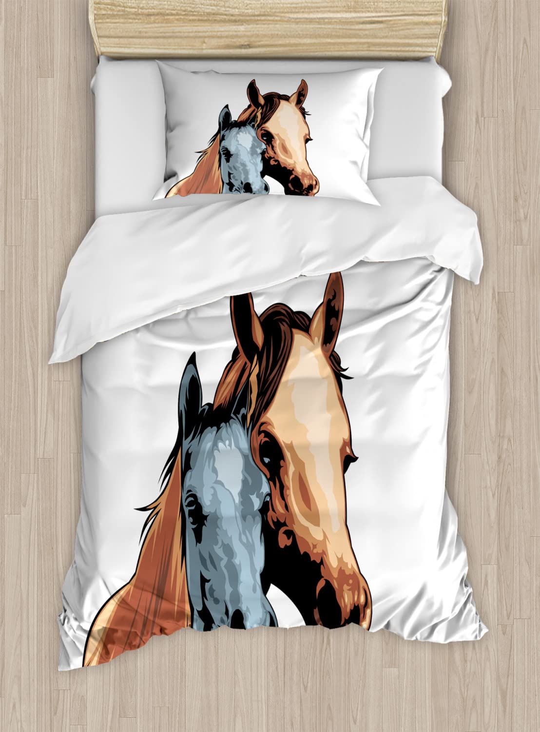 Ambesonne Farmhouse Duvet Cover Set - Queen Size 2-Pack with 2 Duvet Covers & 4 Pillowcases, Watercolor Country Horses Design in Pale Caramel & Turquoise - Perfect for Rustic Bedroom Decor, Guest Rooms, and Farmhouse Style Homes