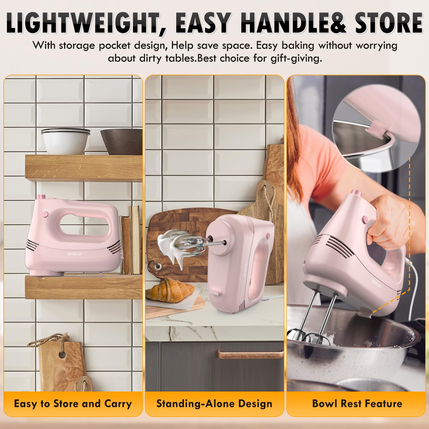 **5-Speed Electric Hand Mixer with Stainless Steel Whisk & Dough Hook - Turbo Boost Kitchen Blender for Baking Cakes, Eggs, Cream - Includes Storage Bag (Pink) - Perfect for Home Baking, Whipping, and Mixing**