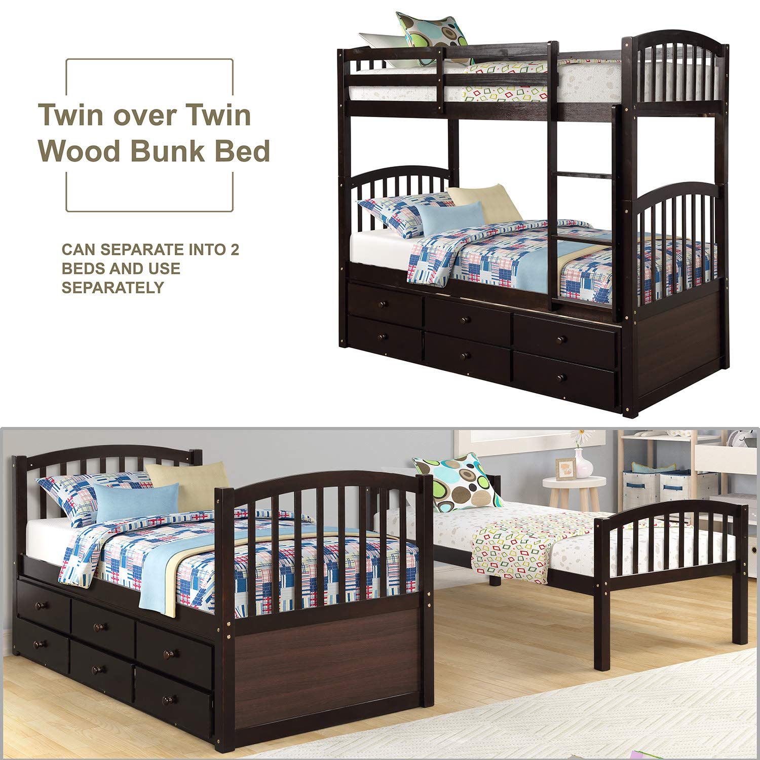 Twin Bunk Bed with Trundle & Storage - Convertible to 2 Beds - Perfect for Kids' Rooms & Guest Rooms