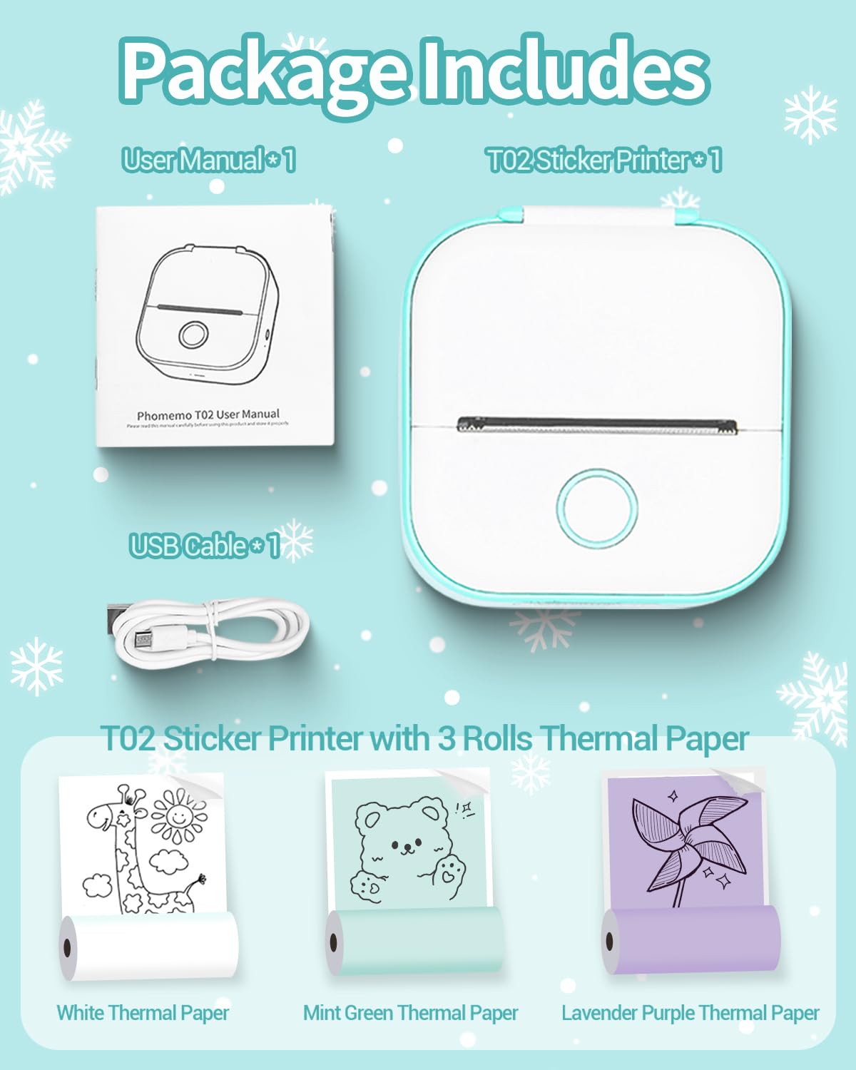 Memoqueen T02 Mini Bluetooth Thermal Sticker Printer - Portable Label Maker for Journals, DIY Scrapbooking, Travel Planning & Kids Crafts - Includes 3 Rolls Thermal Paper - iOS/Android Compatible - Green (Perfect for Home Organization, School Projects & Creative Gift Ideas)