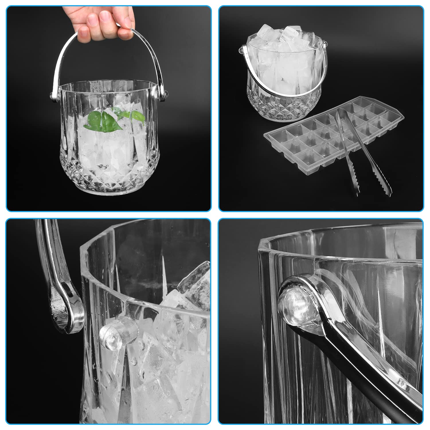 HOMALZ 1.1L Clear Plastic Ice Bucket with Tongs - Keeps Ice Frozen Longer for Beer, Champagne & Wine - Perfect for BBQs, Parties, Bars, Restaurants & Home Use - Ideal for Outdoor Gatherings, Cocktail Nights & Wedding Receptions