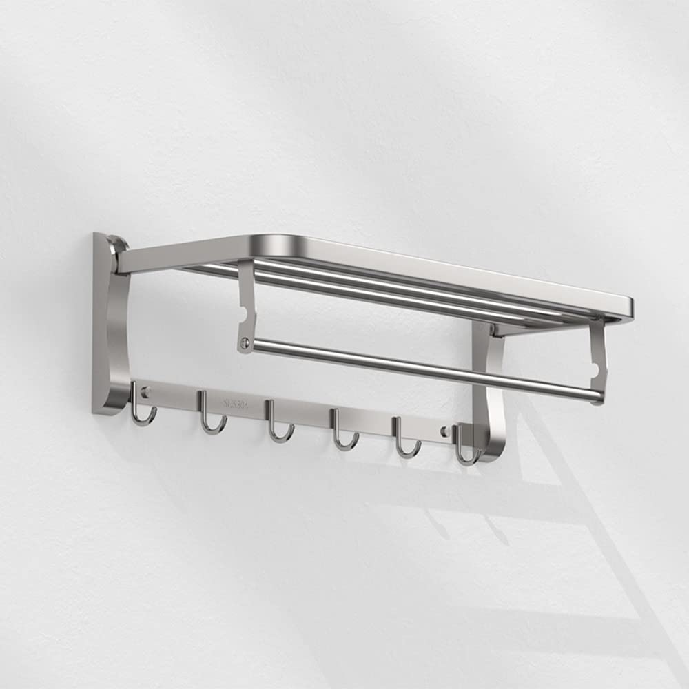 Stainless Steel Wall Mounted Towel Rack with 4 Hooks - Heavy Duty Bathroom Towel Holder for Bath, Kitchen & Laundry Room - Space Saving Storage Solution (Punch Installation Required)
