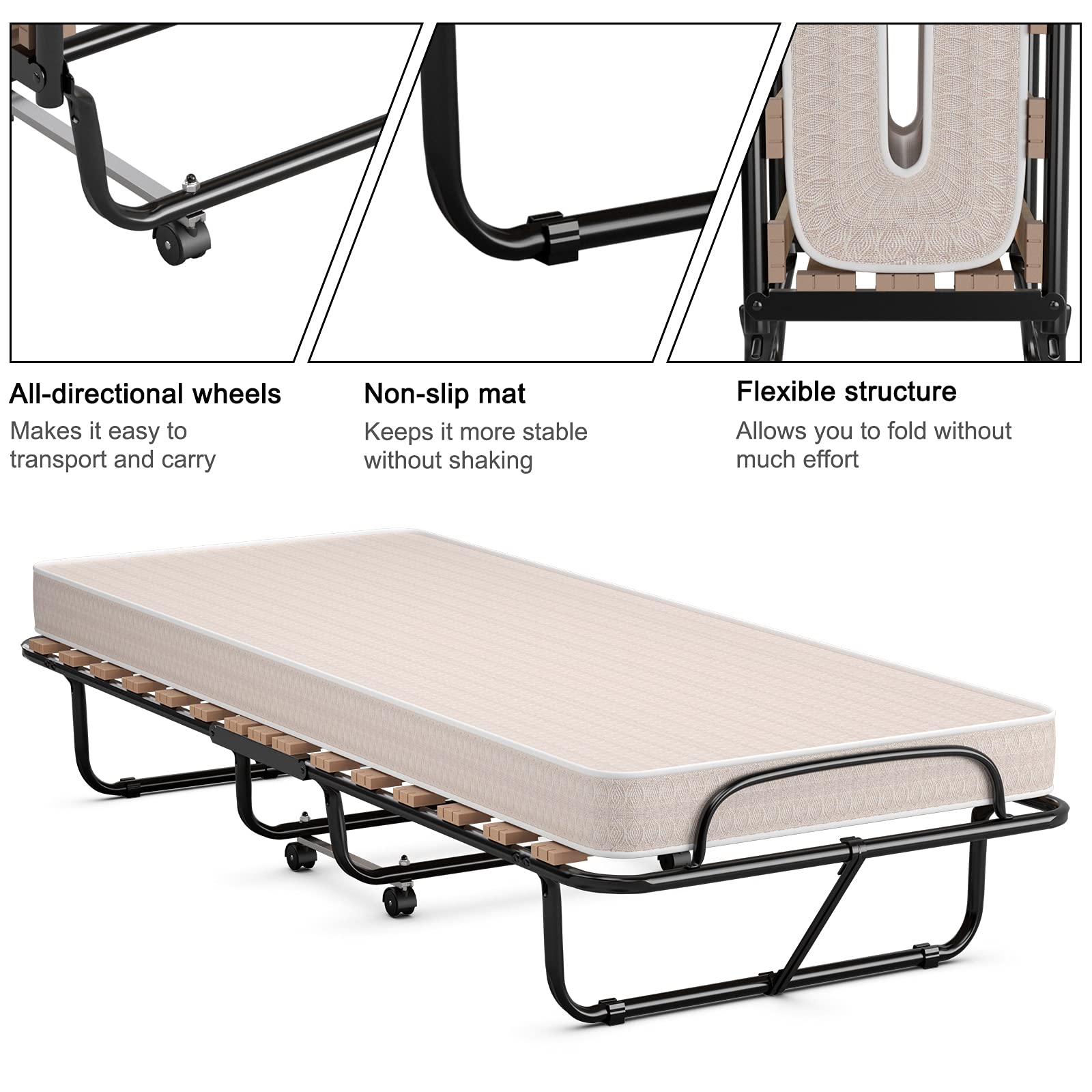 GOFLAME Rollaway Folding Bed with Memory Foam Mattress - Twin Size Portable Guest Bed for Adults, Sturdy Metal Frame - Perfect for Spare Bedrooms, Home Offices & Overnight Guests