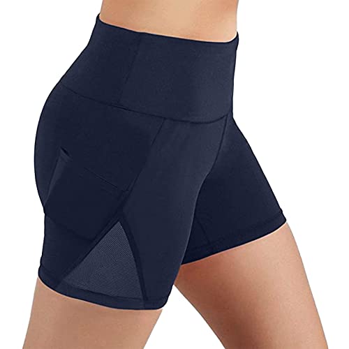High Waist Yoga Shorts for Women - Tummy Control Workout Shorts with Deep Pockets | Breathable Athletic Running & Biker Shorts | Perfect for Yoga, Gym, Running & Lounge Wear (Navy, XXL)