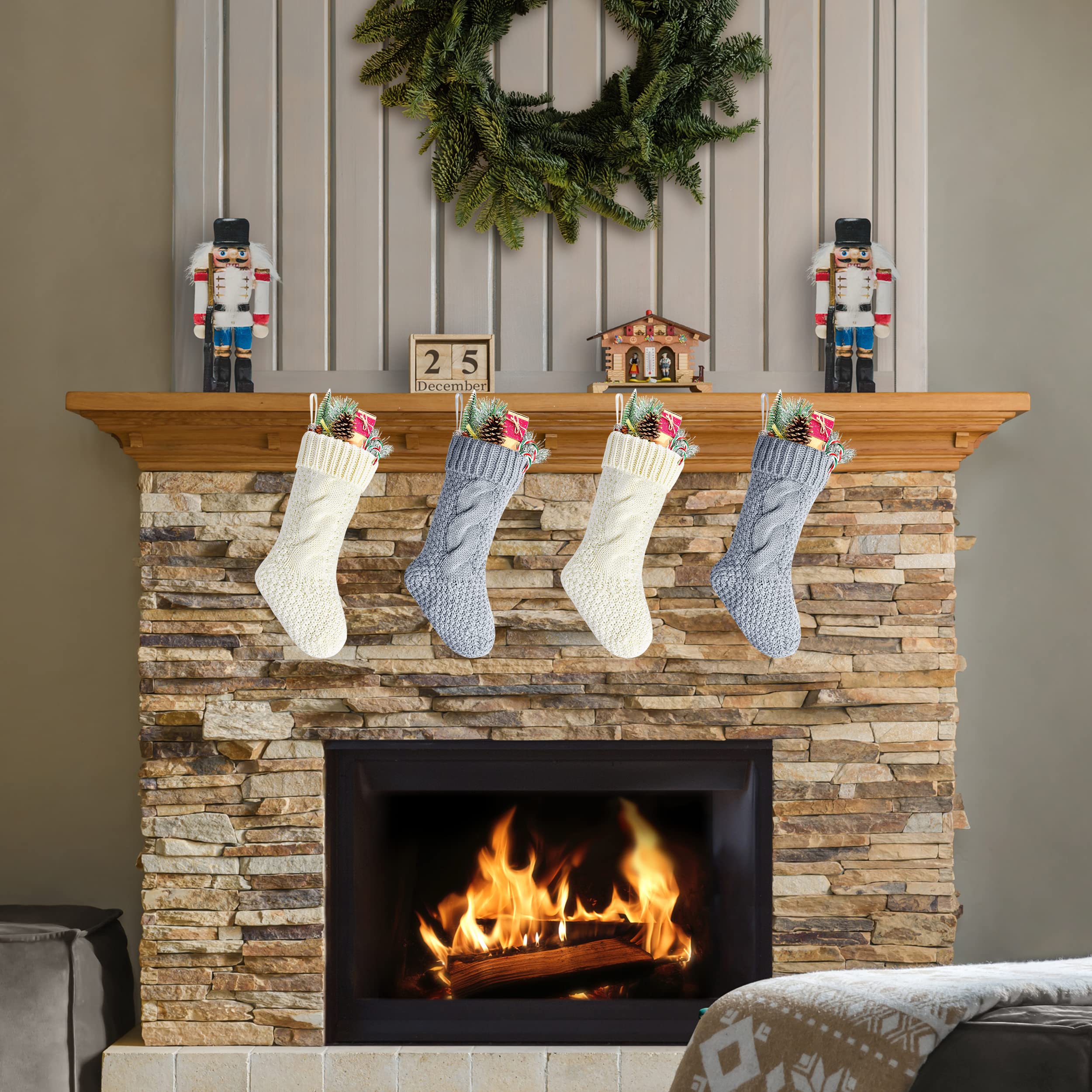 4-Pack Ivory White & Gray Knit Christmas Stockings 14