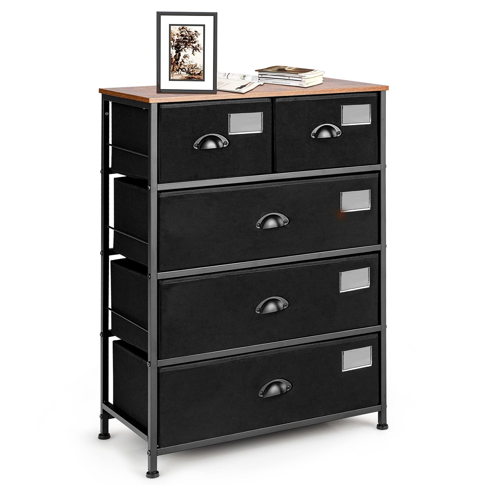 Tangkula 5-Drawer Vertical Storage Dresser with Labels & Removable Fabric Bins - 4-Tier Wide Organizer Unit for Bedroom, Closet, Entryway - Perfect for Clothes, Toys, Shoes & Home Organization