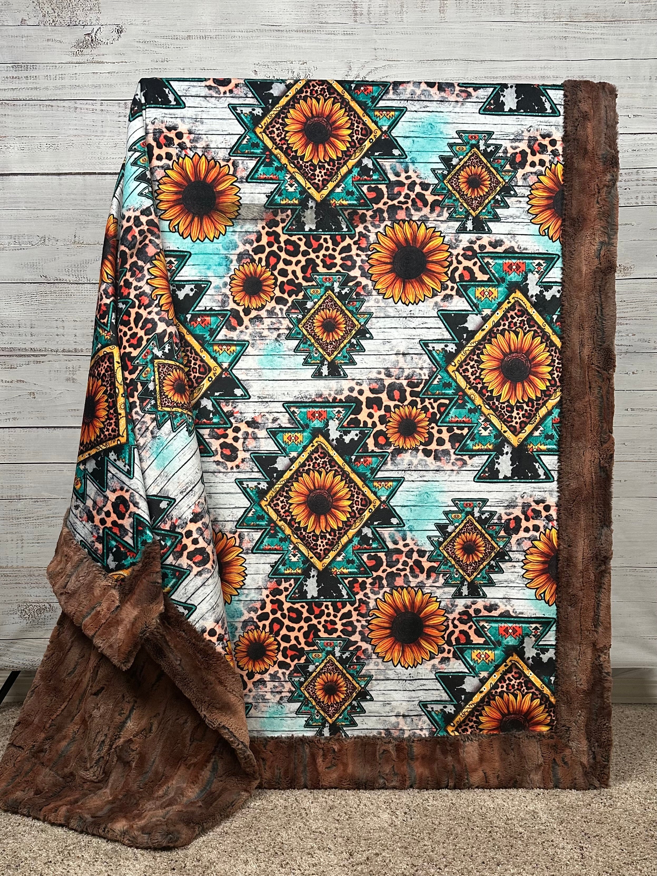 Western Sunflowers on Rusty Copper Luxe 56x79 Inch Minky Blanket - Soft Cozy Throw for Bed, Couch & Home Decor