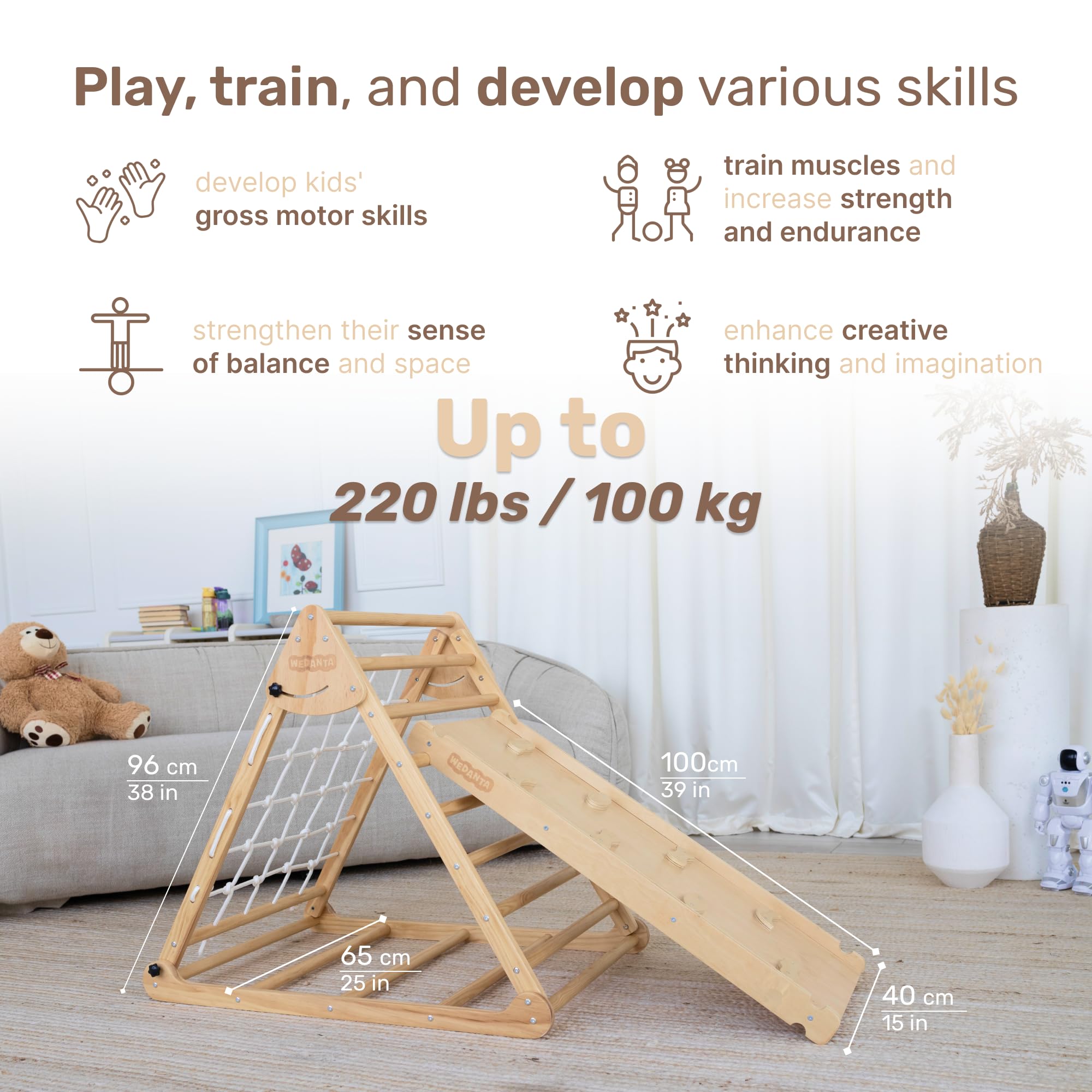 4-in-1 Wooden Climbing Set for Toddlers - Triangle Climber with Ramp & Slide - Indoor/Outdoor Baby Climbing Toys - Montessori Play Equipment for Kids Ages 1-5 - Perfect for Home Playrooms, Daycares & Backyard Adventures
