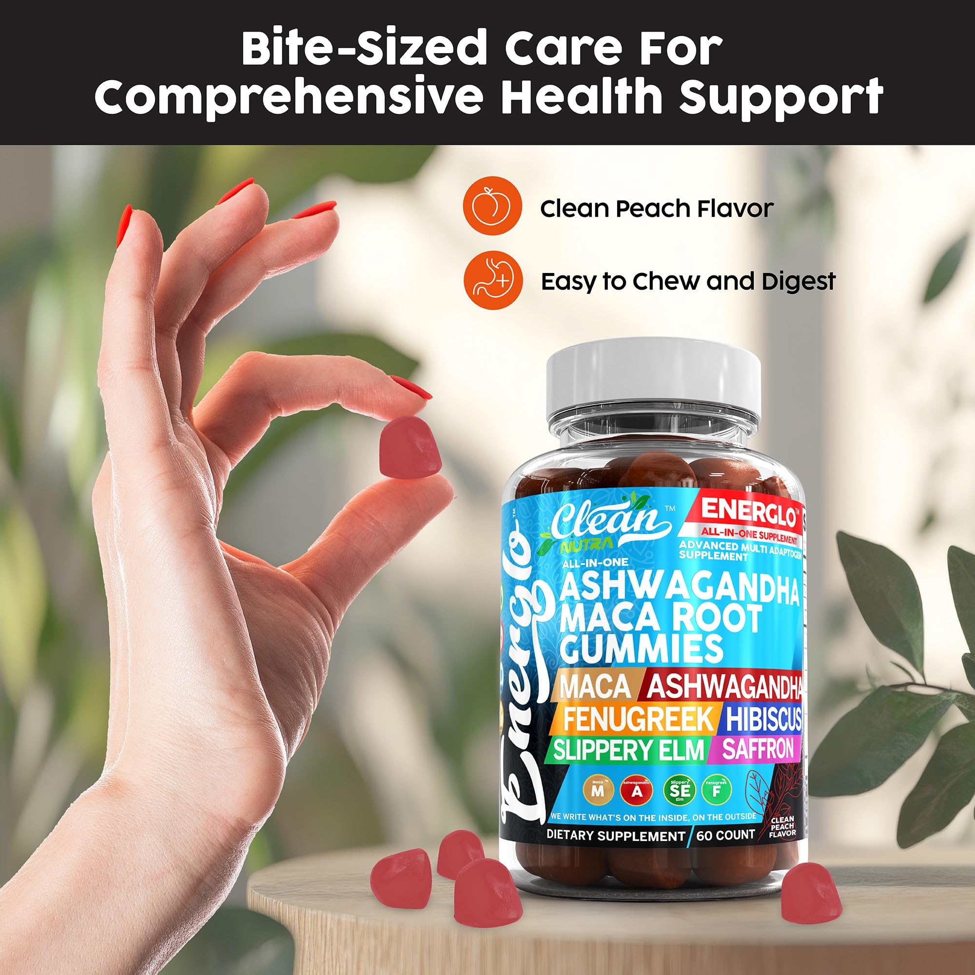 Ashwagandha & Maca Root Gummies with Fenugreek, Hibiscus, Slippery Elm & Saffron Extract | Vegan Adaptogen Supplement for Stress Relief, Energy Boost & Cortisol Support | Peach Flavor Gummy Vitamins with Beta Carotene | Perfect for Daily Wellness, Workout Recovery & Mental Focus by Clean Nutra