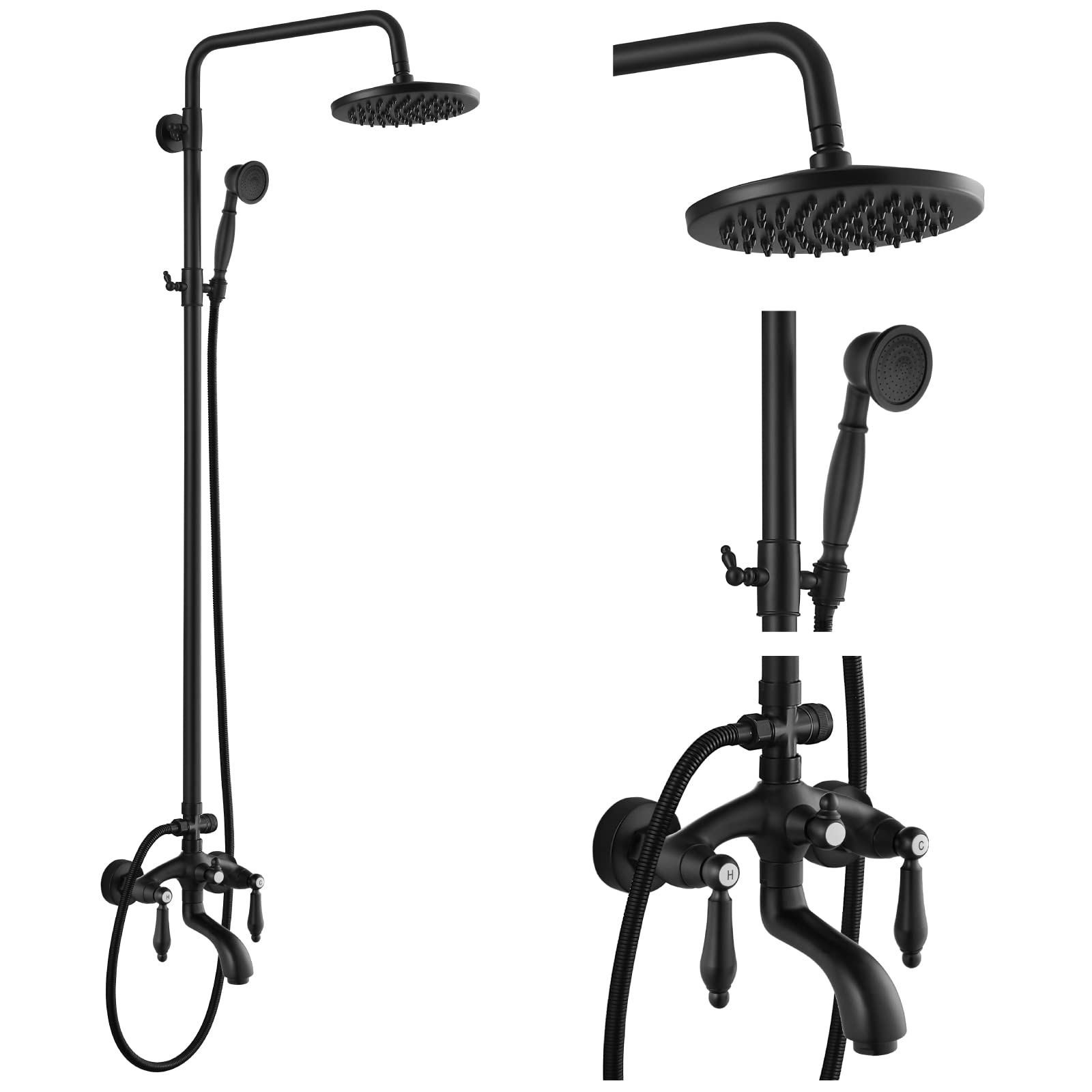 Gotonovo Matte Black 8-Inch Rain Shower Head System - Wall Mounted Bathroom Faucet with Adjustable Handheld Sprayer, Double Lever Handles & Tub Spout - Triple Function Shower for Luxurious Spa-Like Experience at Home