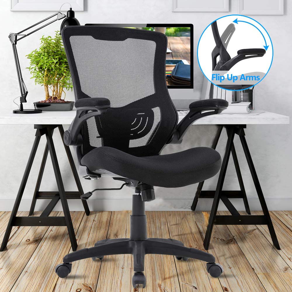 Ergonomic Mesh Office Chair with Lumbar Support & Flip-Up Arms - Adjustable Mid Back Computer Desk Chair, Swivel Rolling Task Chair for Men & Women (Black) - Perfect for Home Office, Gaming & Workspaces