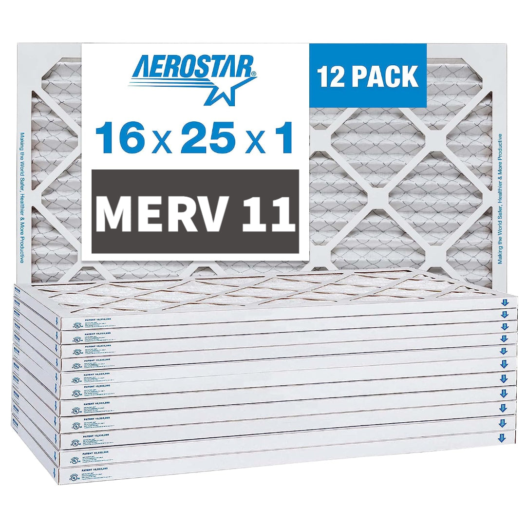 Aerostar 16x25x1 MERV 11 Pleated HVAC Furnace Air Filters - 12 Pack for Home, Office & Commercial Use - Traps Dust, Pollen & Allergens
