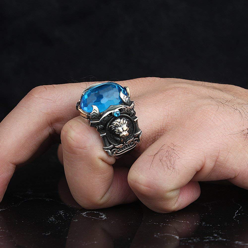Large Lion Ring with CZ Aquamarine in Sterling Silver - Unique Handmade Jewelry for Birthday Gifts (RP1231) | Perfect for Women's Fashion, Statement Jewelry & Special Occasions