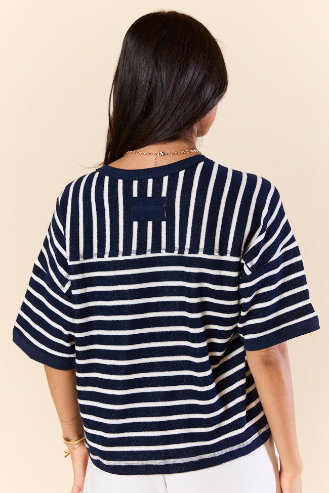 Color Wave Navy and White Striped Knit Boxy Tee - Women's Casual Oversized T-Shirt for Summer Beach Outings and Streetwear Fashion
