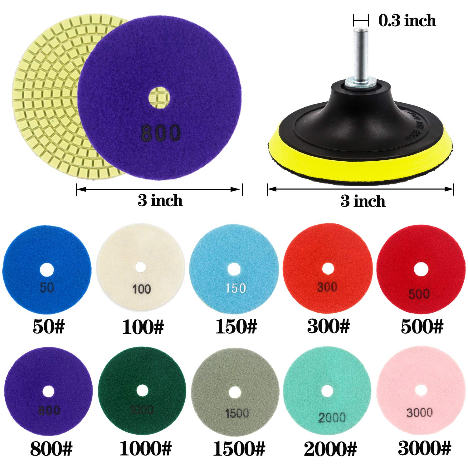 3 Inch Diamond Polishing Pads Set - 10pcs Wet/Dry Polishing Kit (50#-3000# Grit) with 2 Hook & Loop Backer Pads for Granite, Marble, Concrete - Perfect for Floor Grinders, Polishers & Stone Restoration Projects (12 Pack)