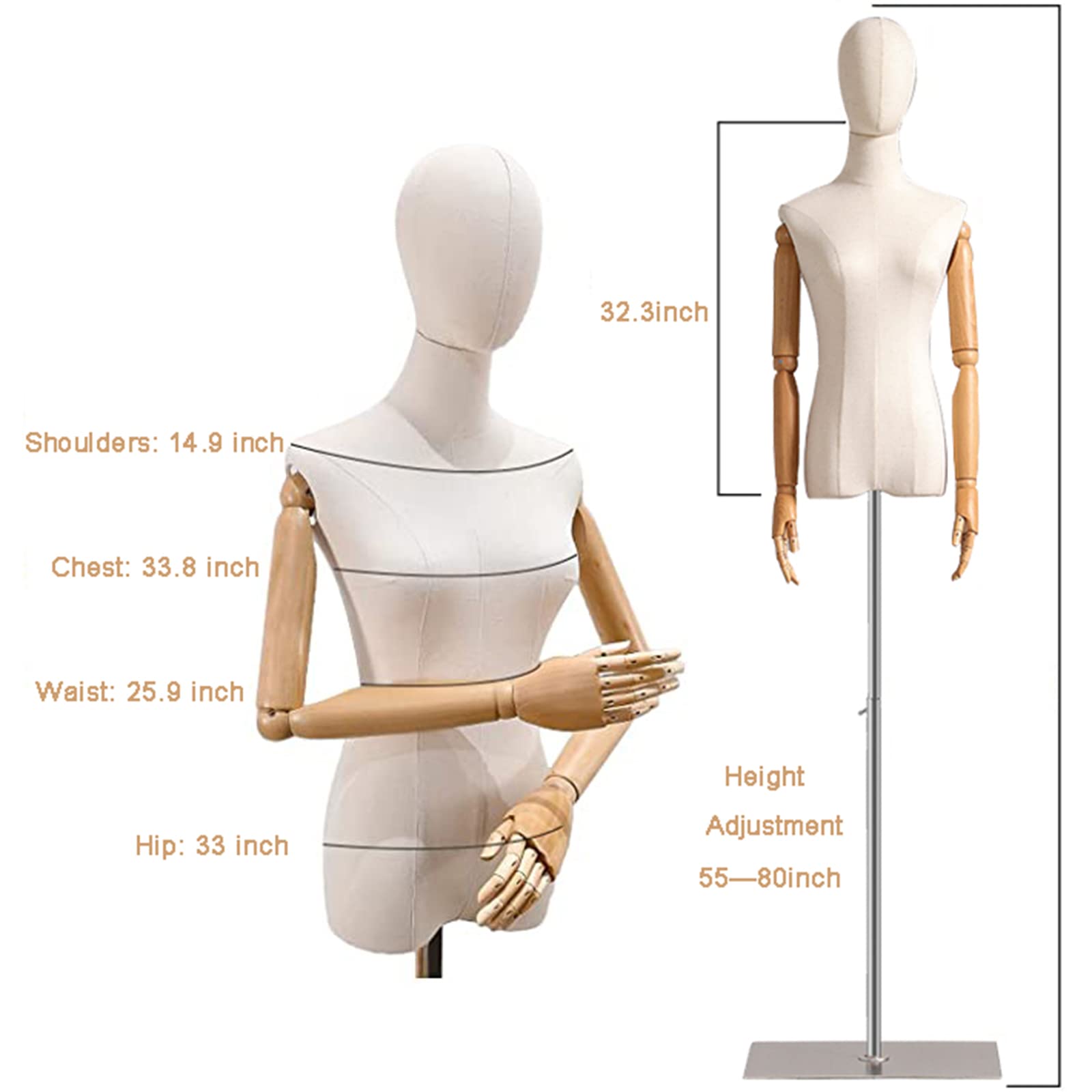 Adjustable Female Mannequin Torso with Detachable Head & Wooden Hands - Silver Height-Adjustable Stand for Dress, Jewelry & Boutique Display - Perfect for Fashion Shows, Retail Stores & Photography Studios