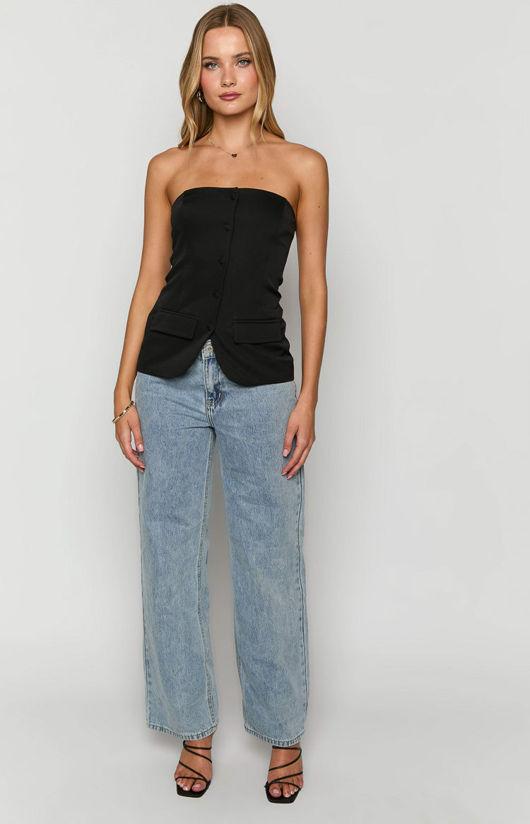Black Strapless Button Up Top for Women - Elegant Sleeveless Blouse for Party, Date Night & Casual Wear