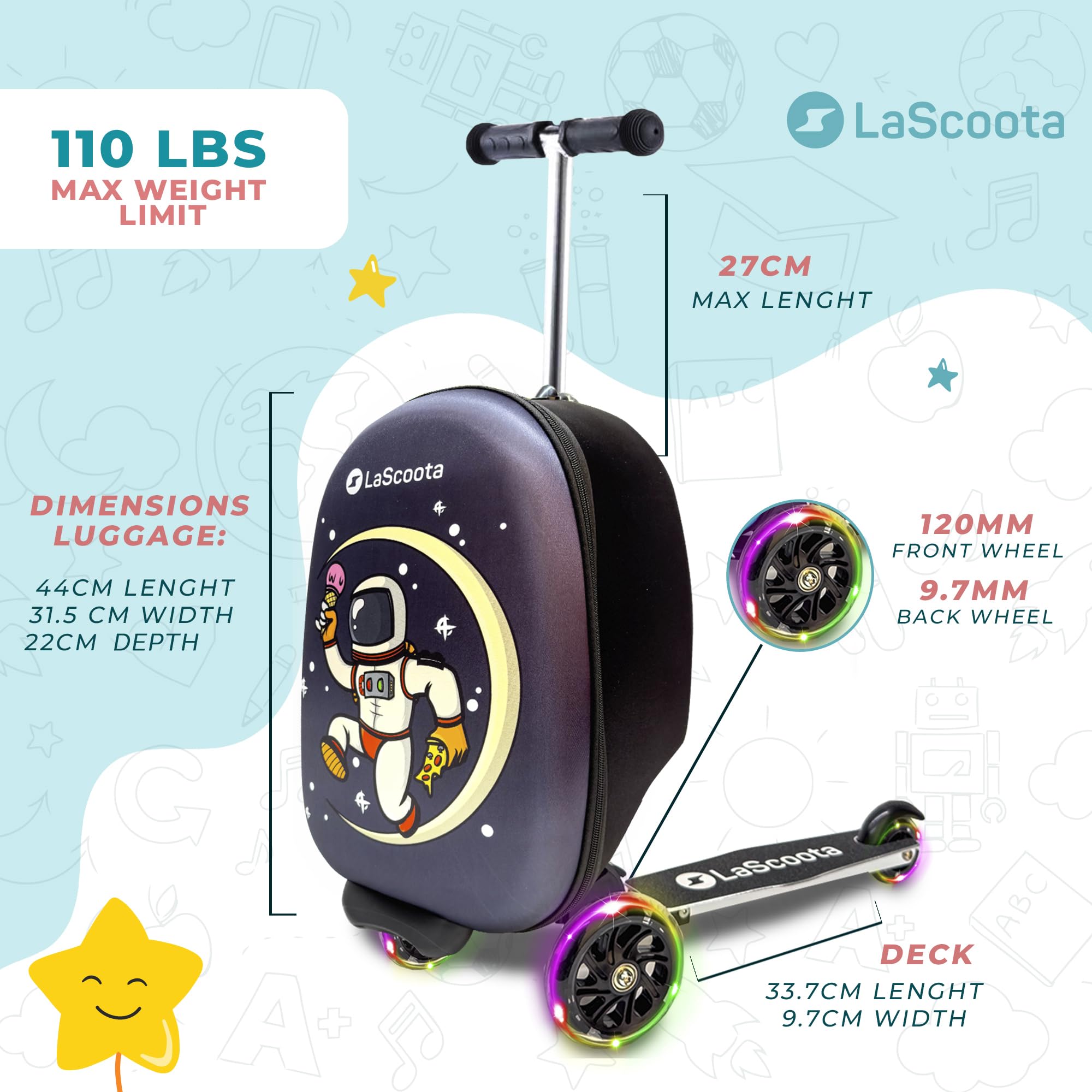 Lascoota Foldable Scooter Suitcase for Kids Ages 2-5 - Lightweight Ride-On Luggage with LED Wheels & Astronaut Design - Perfect for Air Travel, Road Trips & Playtime Adventures