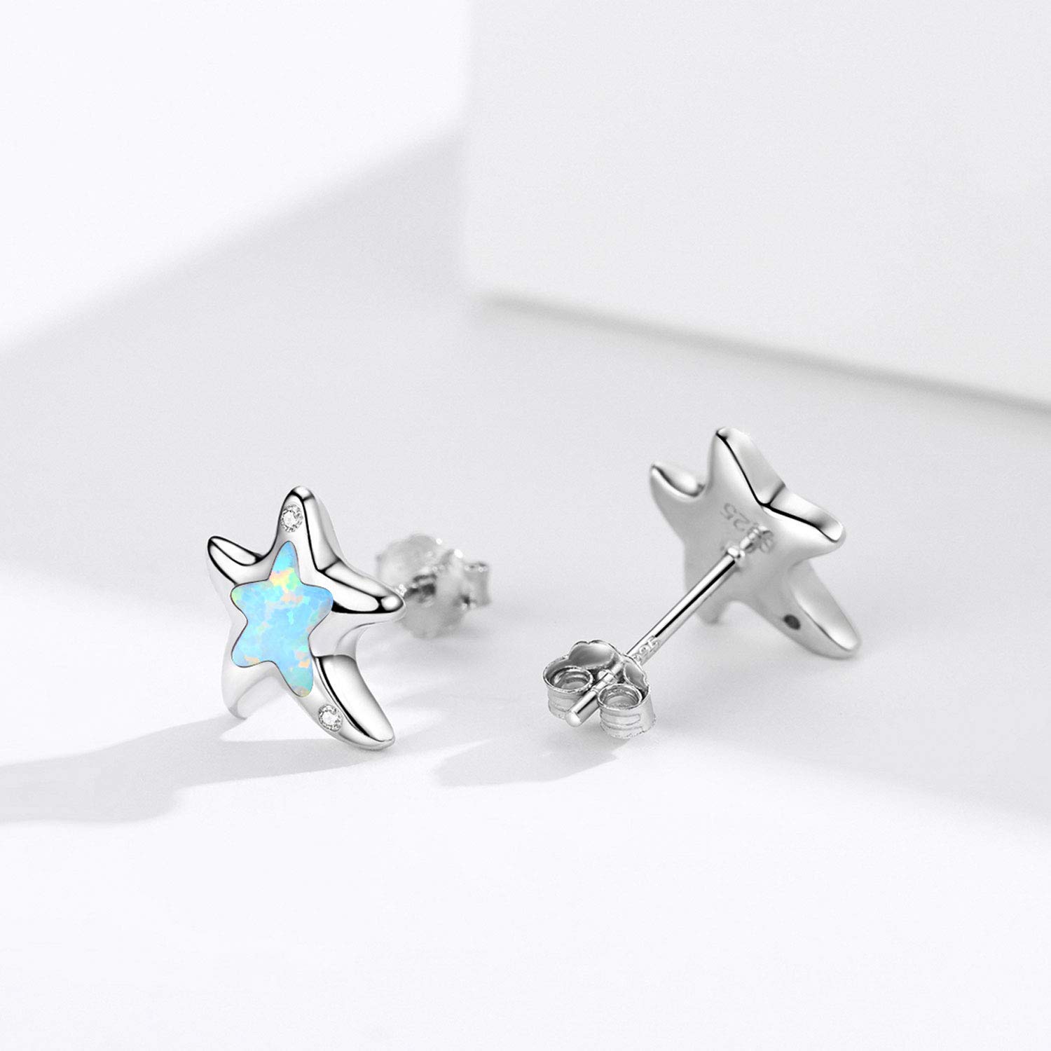 925 Sterling Silver Starfish Earrings with Synthetic Opal - Hypoallergenic Beach Stud Earrings for Women | Perfect for Summer Vacations, Beach Weddings & Boho Fashion