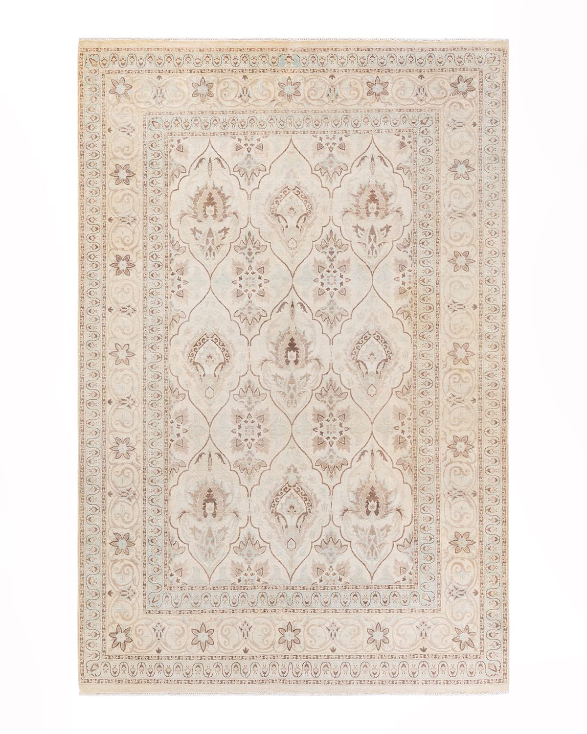 Handmade Wool Oriental Mogul Ivory 6x9 Area Rug - Traditional Hand-Knotted One-of-a-Kind Design for Living Room, Bedroom & Dining Room Decor